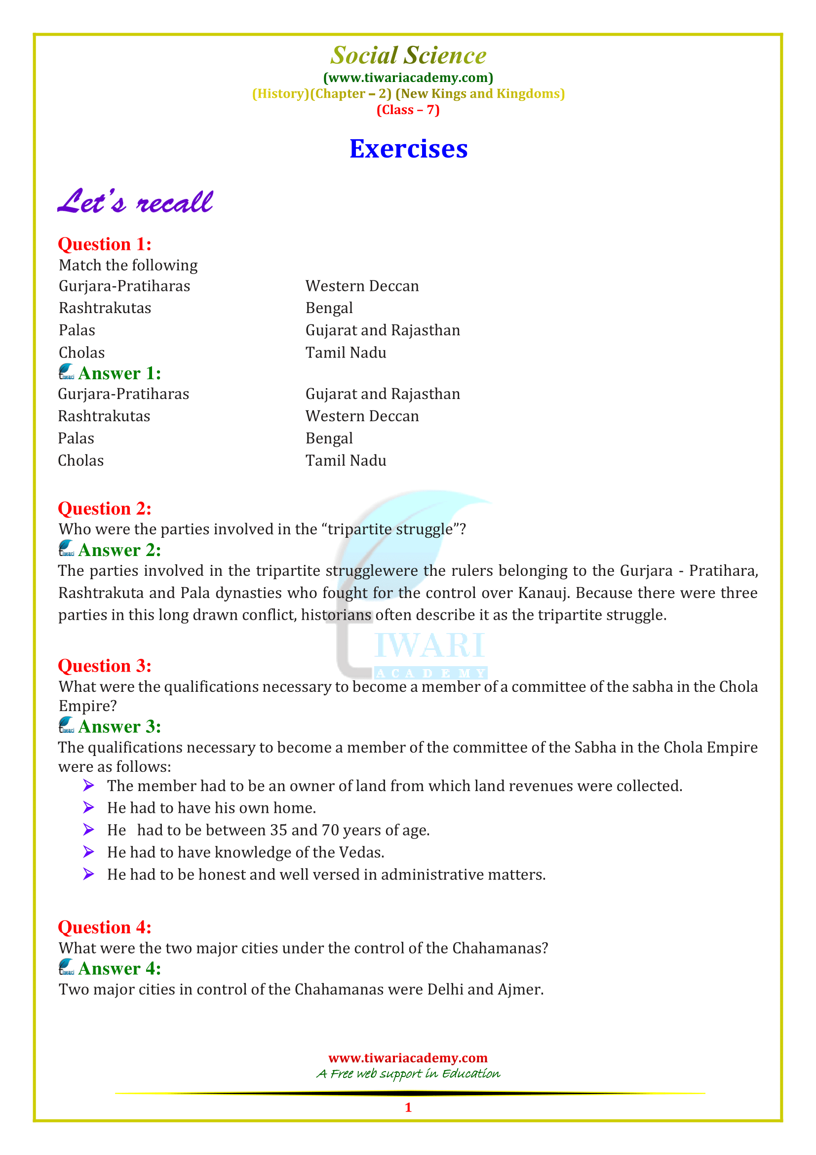 NCERT Solutions for Class 7 Social Science History Chapter 2 new kings and kingdoms