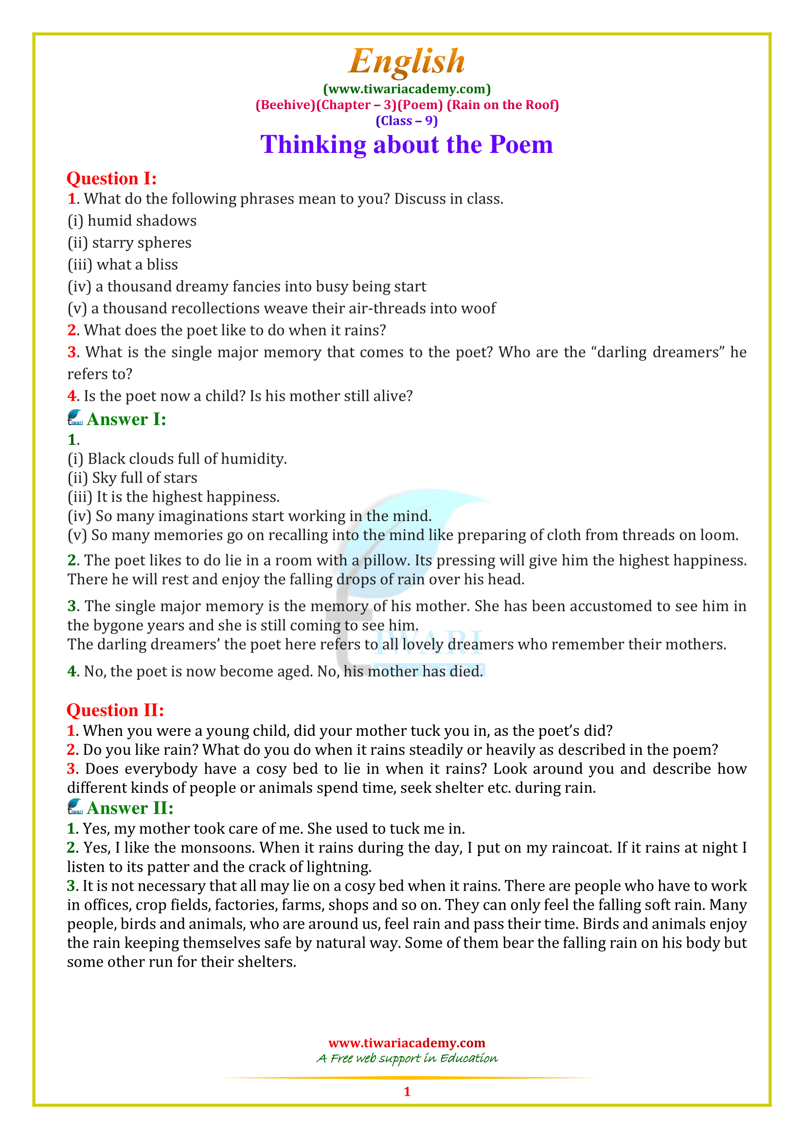 NCERT Solutions for Class 9 English Beehive Chapter 3 poem 3