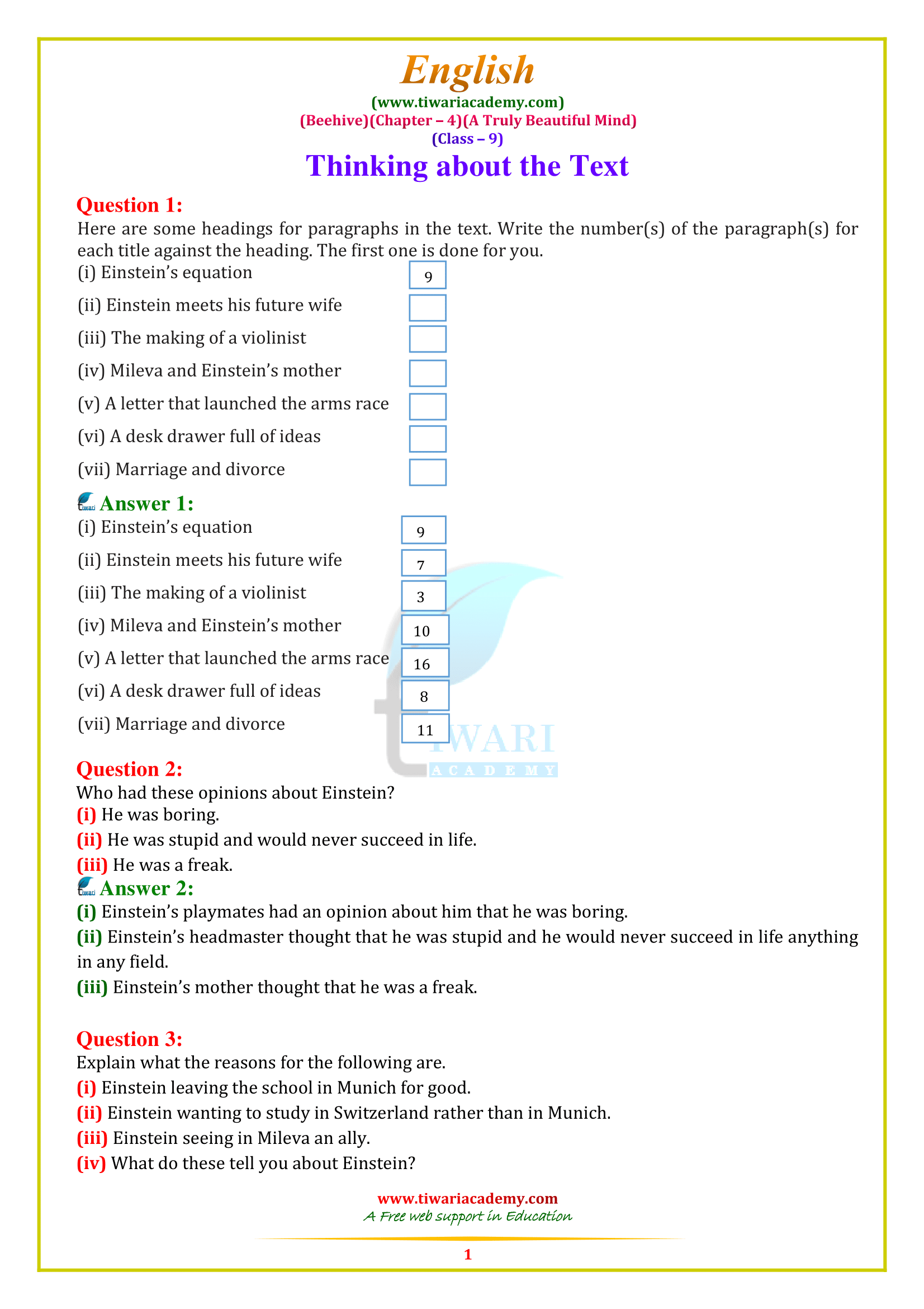 NCERT Solutions for Class 9 English Beehive Chapter 4 A Truly Beautiful Mind