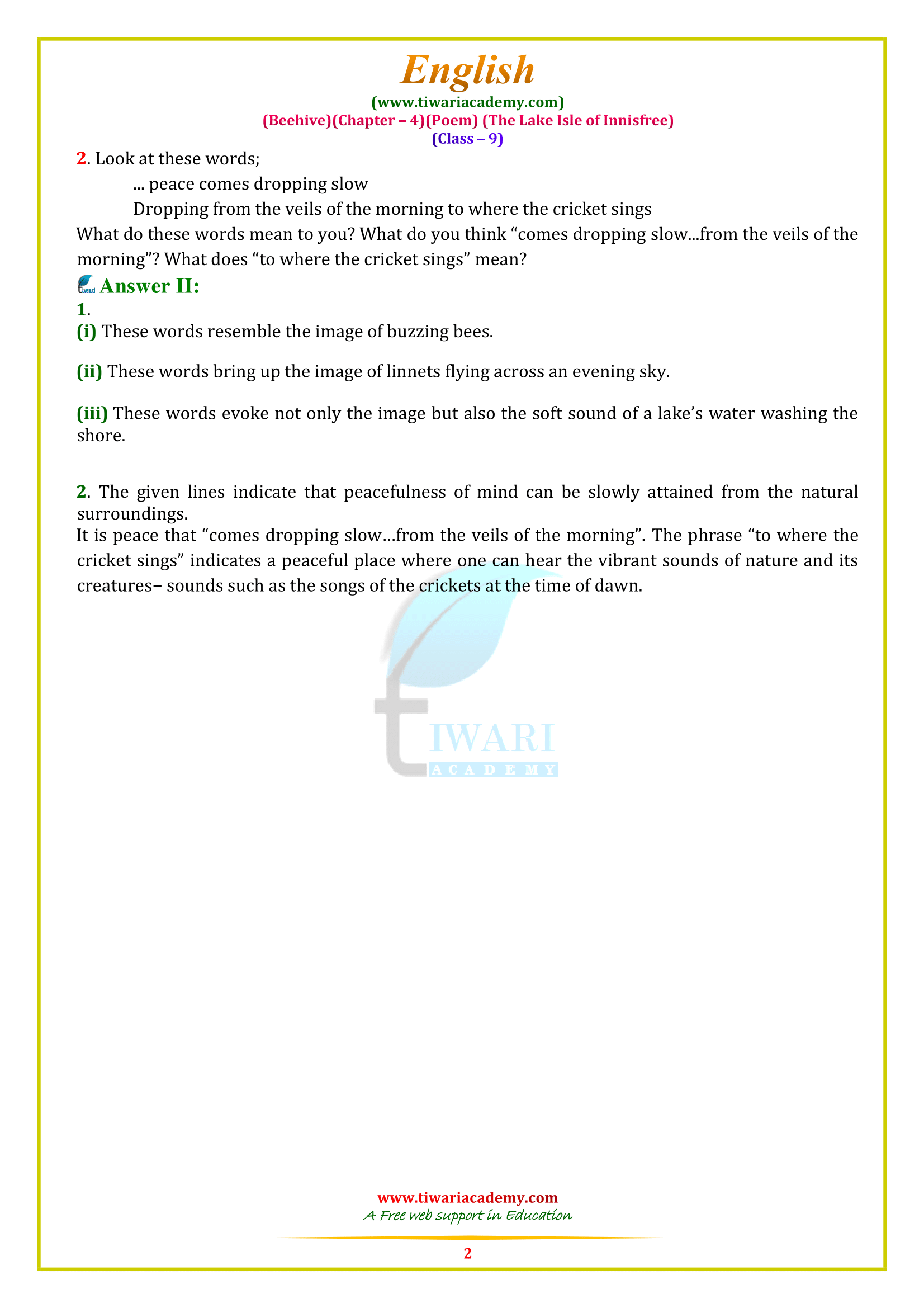 NCERT Solutions for Class 9 English Beehive Poem 4 The lake Isle Innisfree