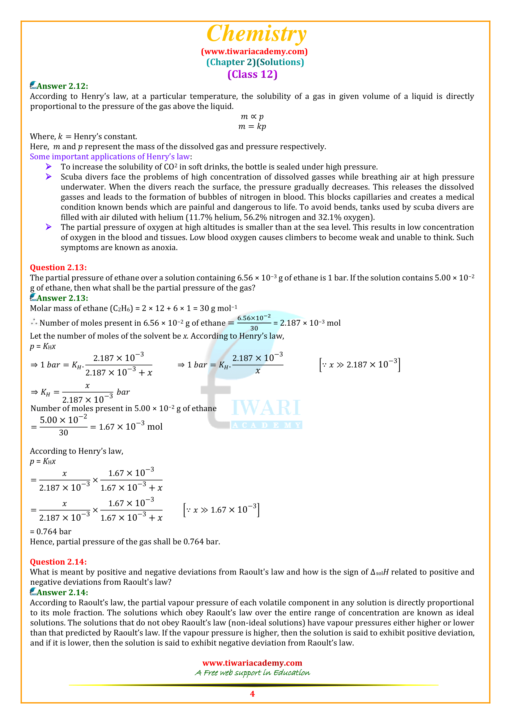 NCERT Solutions for Class 12 Chemistry Chapter 2 Exercises answers