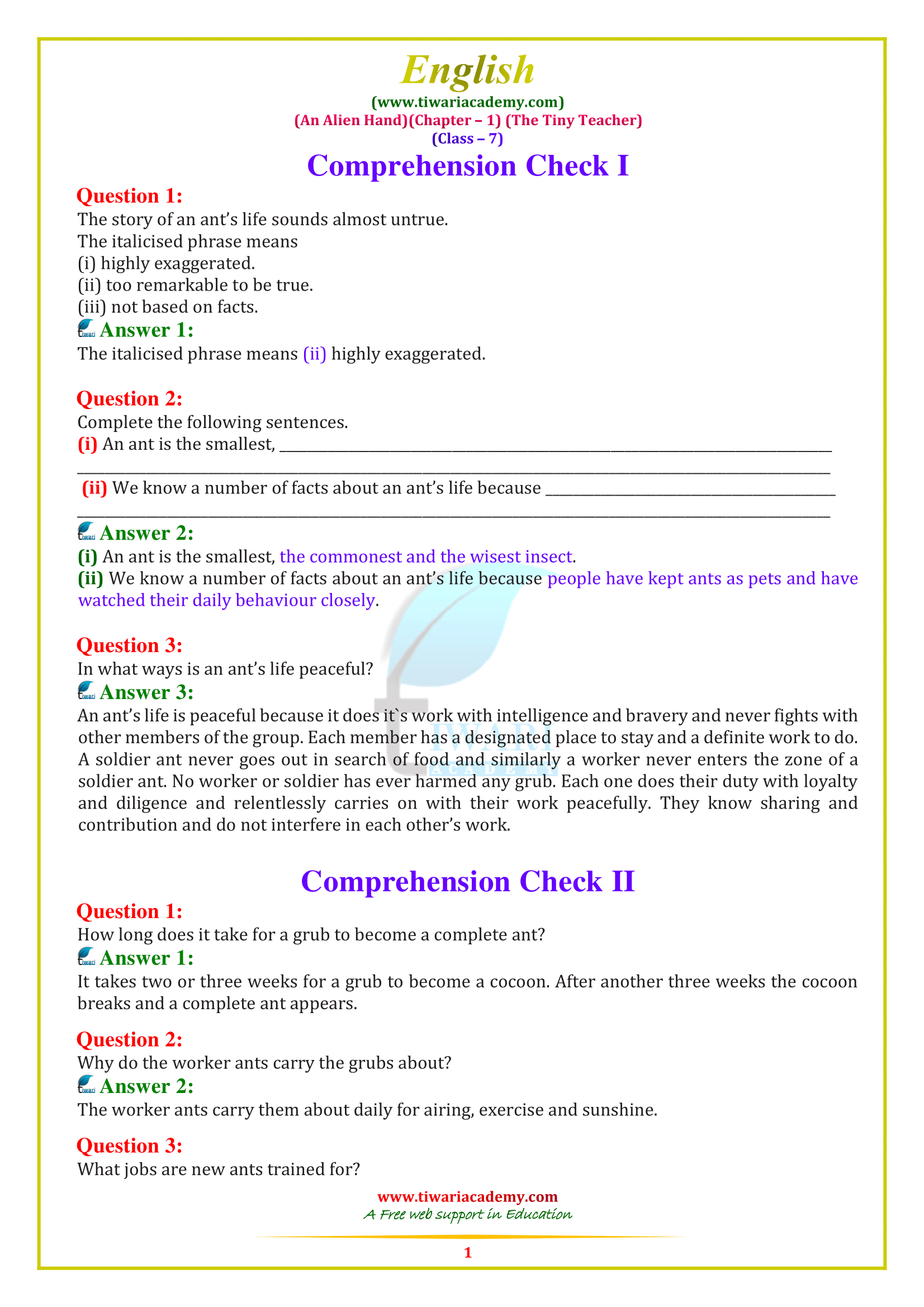 Class 7 English Chapter 1: The Tiny Teacher - Answers