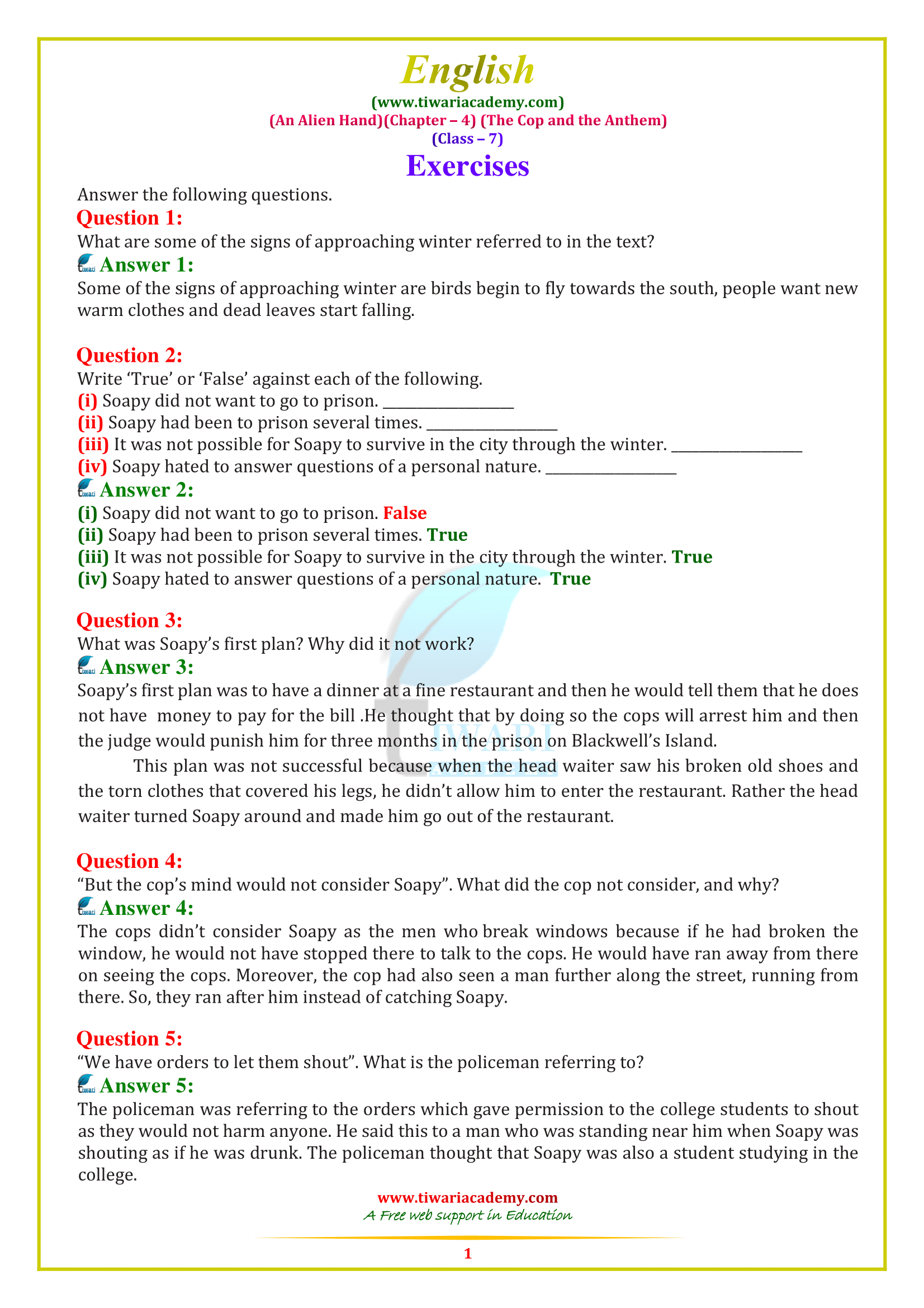 Class 7 English Chapter 4: The Cop and the Anthem - Answers