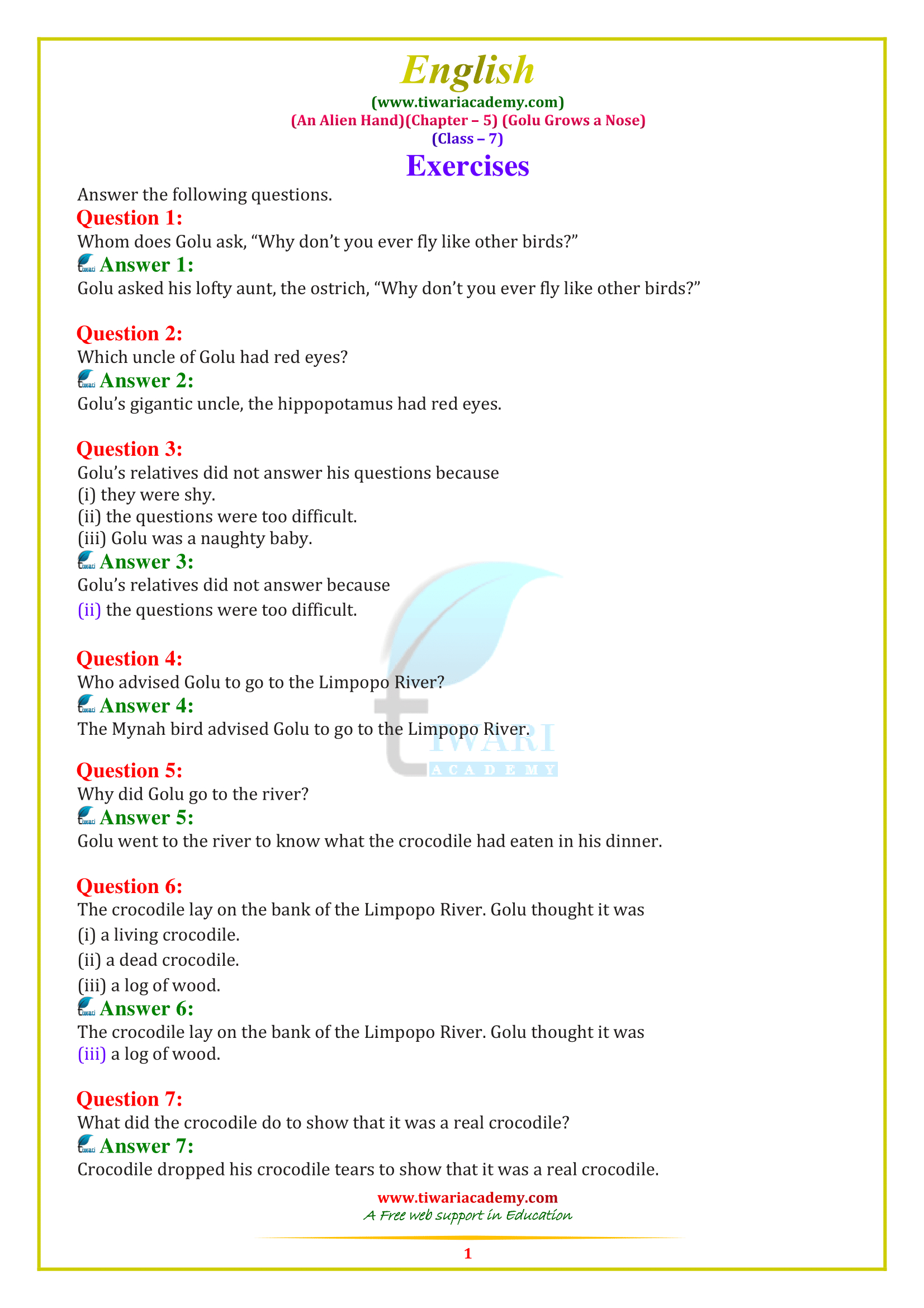 Class 7 English Chapter 5: Golu Grows a Nose - Answers