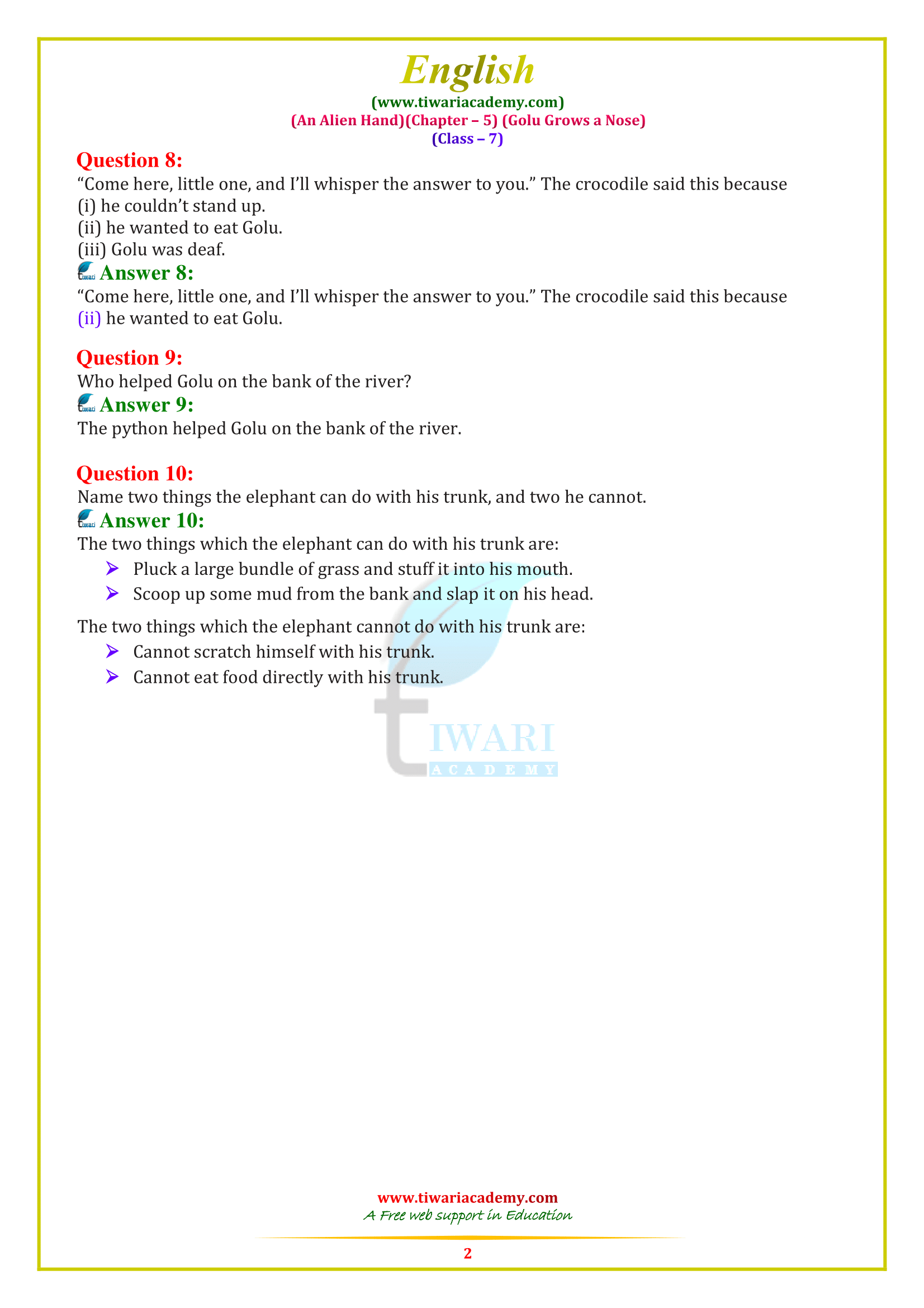 7th English An Alien hand chapter 5