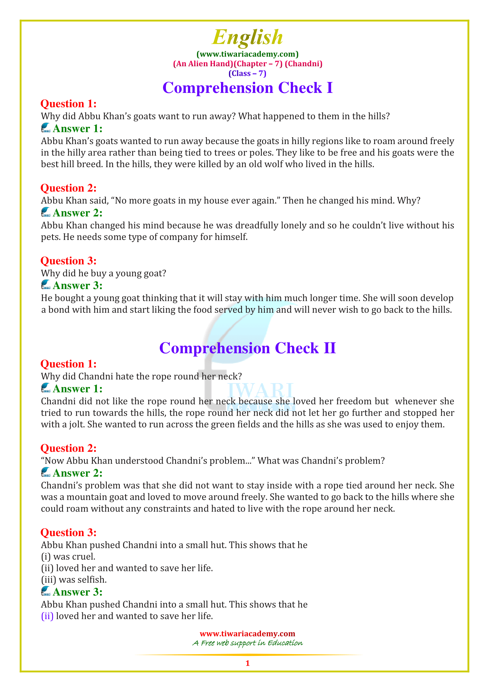 Class 7 English Chapter 7: Chandni - Answers