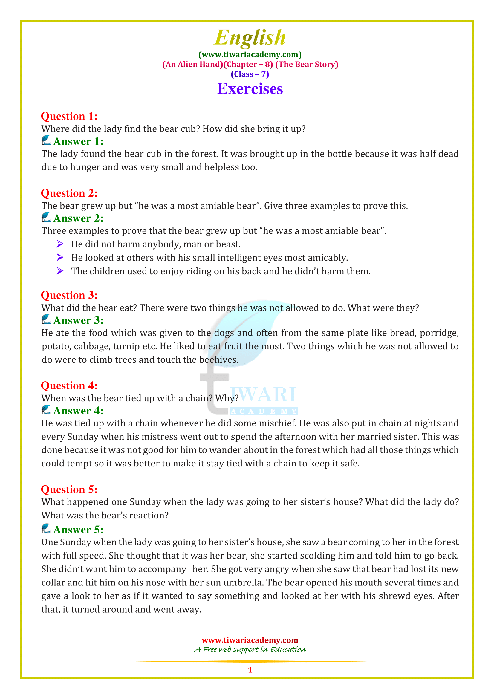 Class 7 English Chapter 8: The Bear Story - Answers