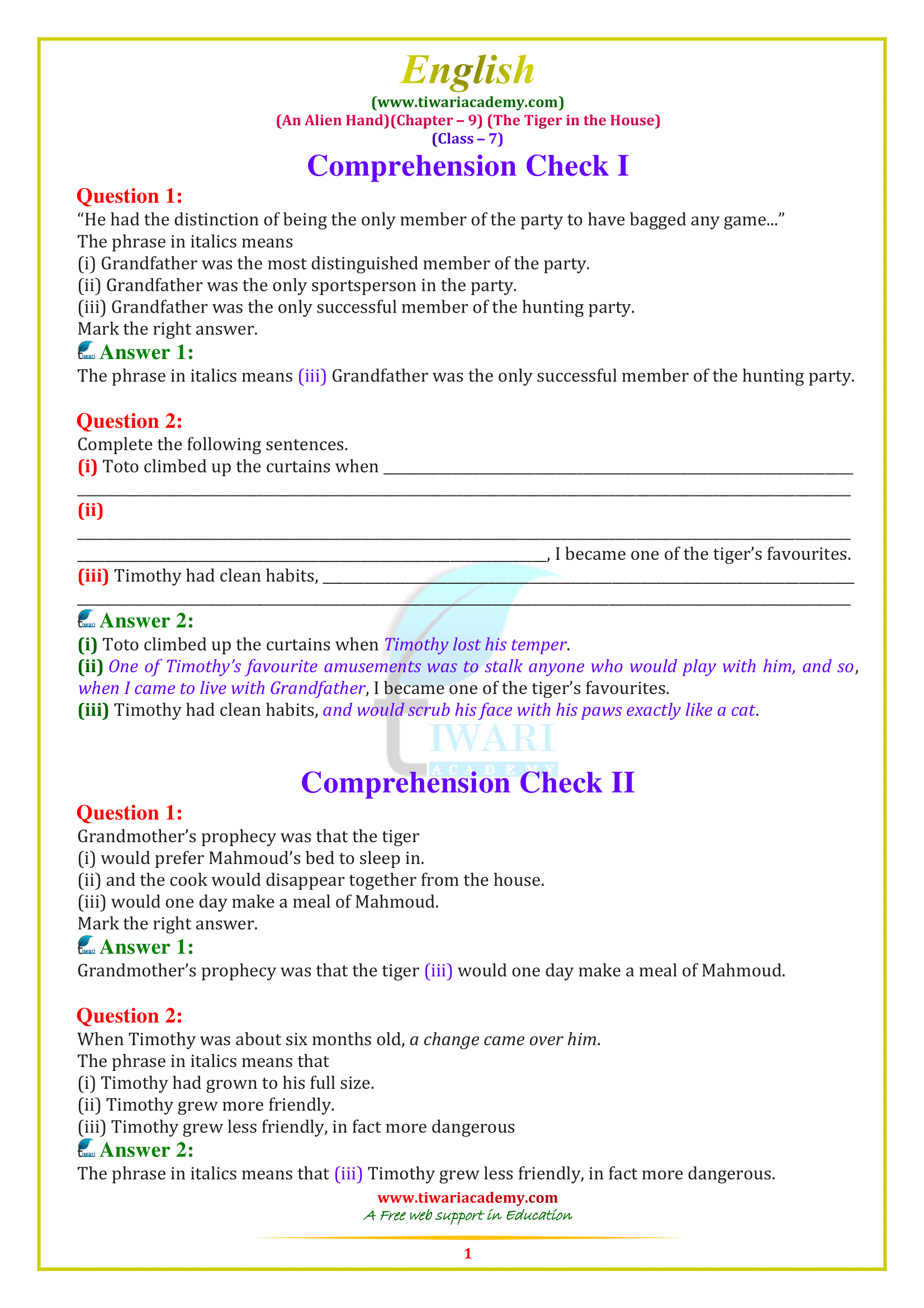Class 7 English Chapter 9: A Tiger in the House - Answers