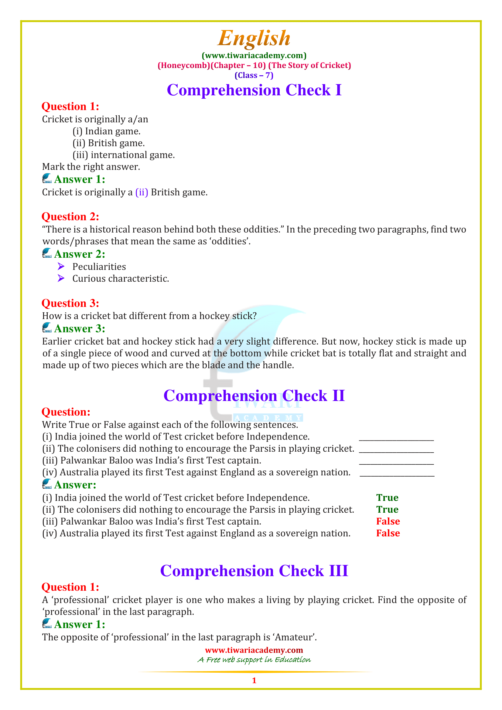 NCERT Solutions for Class 7 English Honeycomb Chapter 10 The Story of Cricket