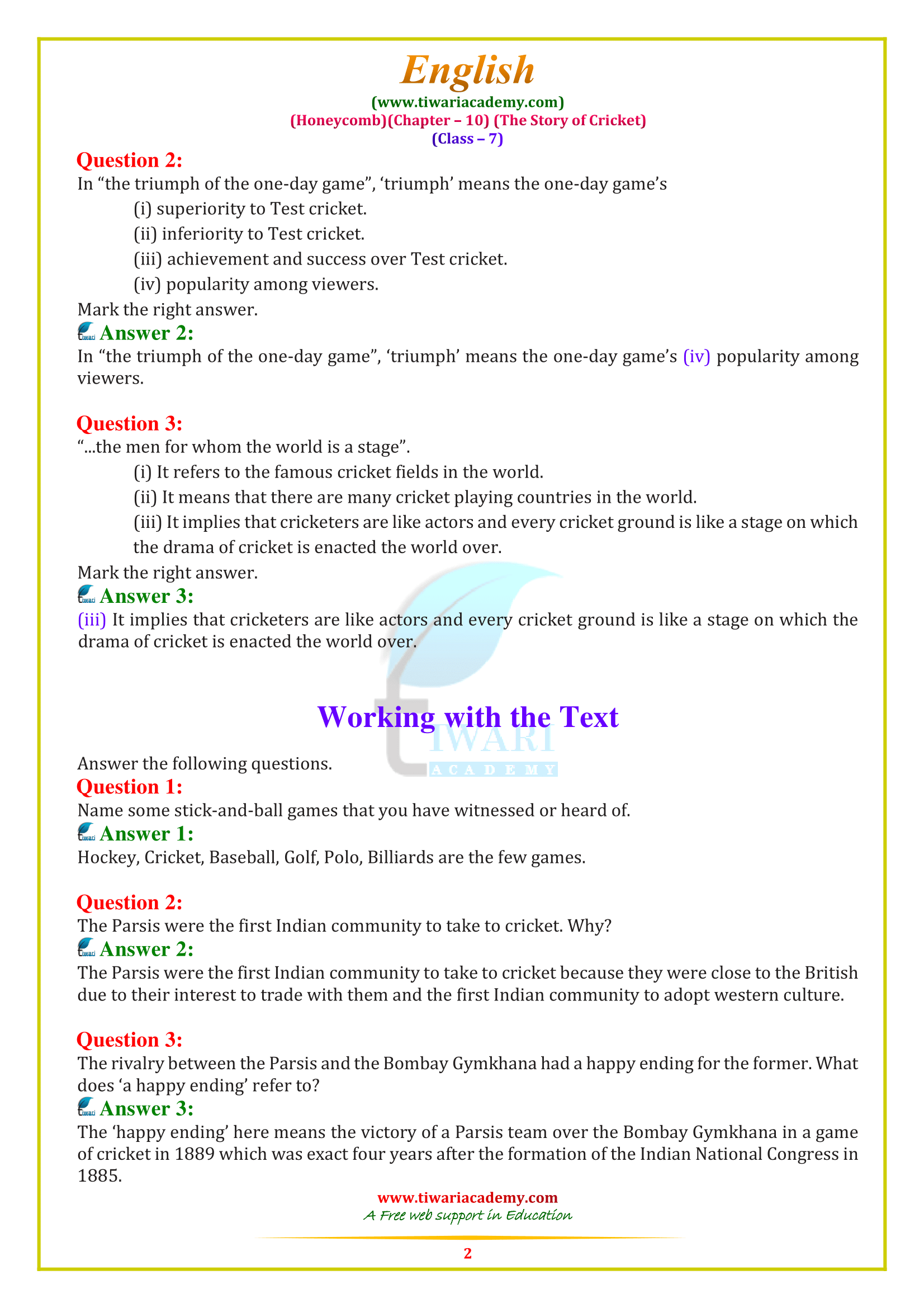 NCERT Solutions for Class 7 English Honeycomb Chapter 10 answers