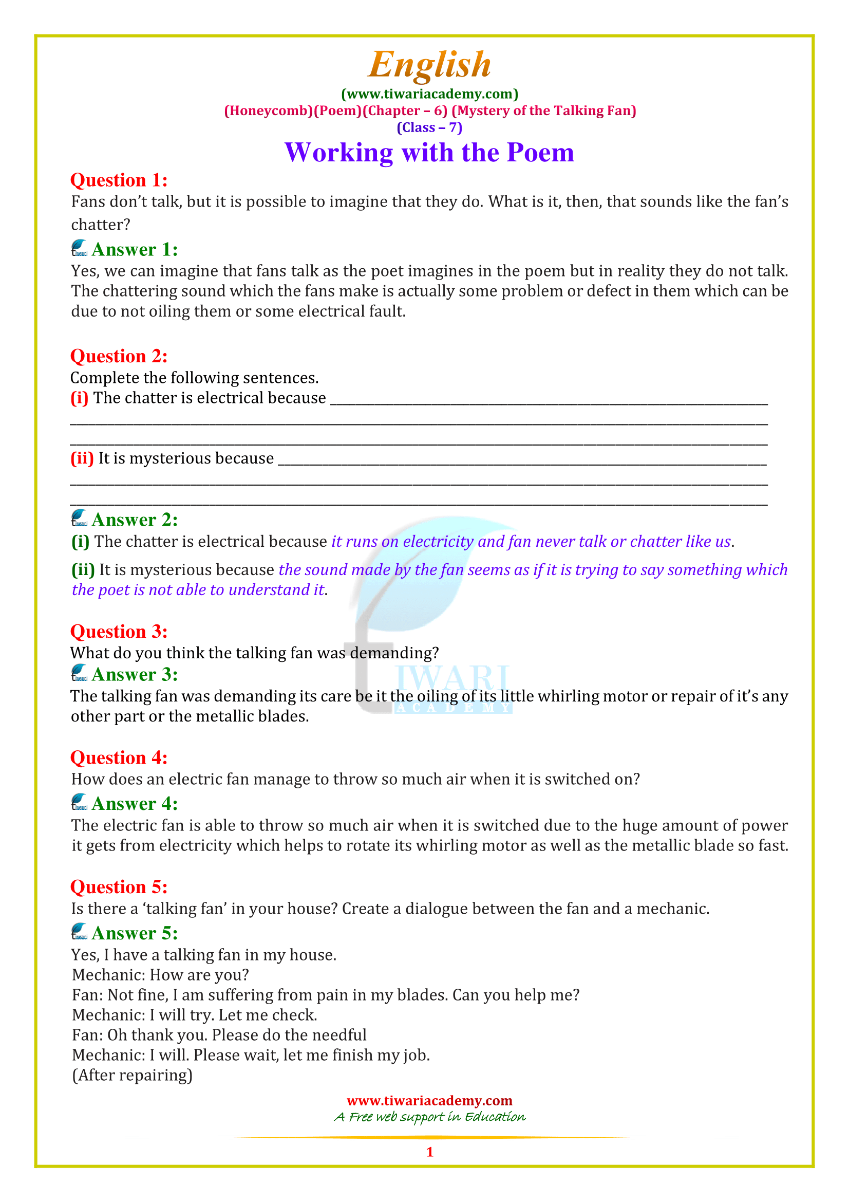 7 English Poem 6: Mystery of the Talking Fan