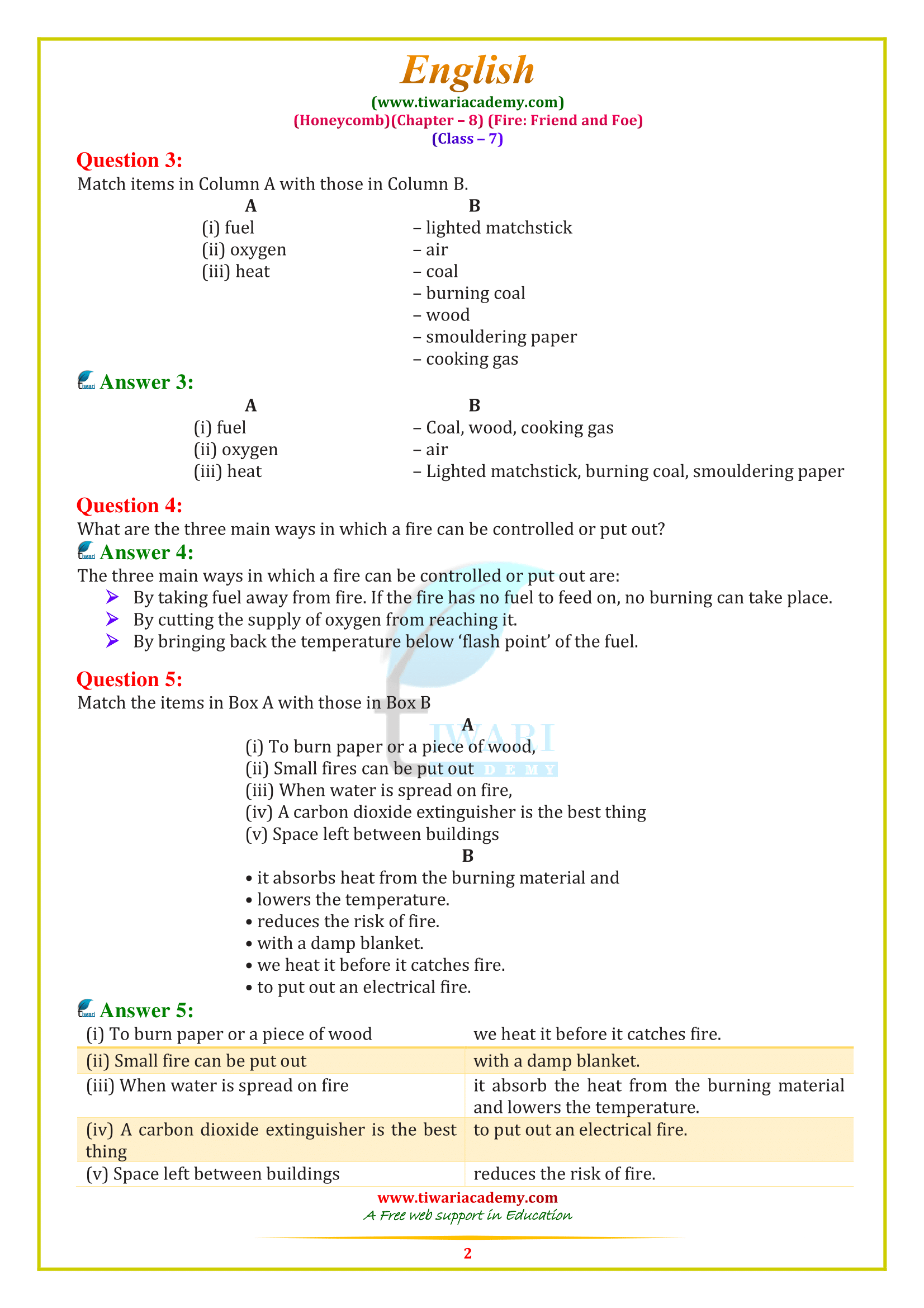 7 English Chapter 8: Fire: Friend and Foe answers
