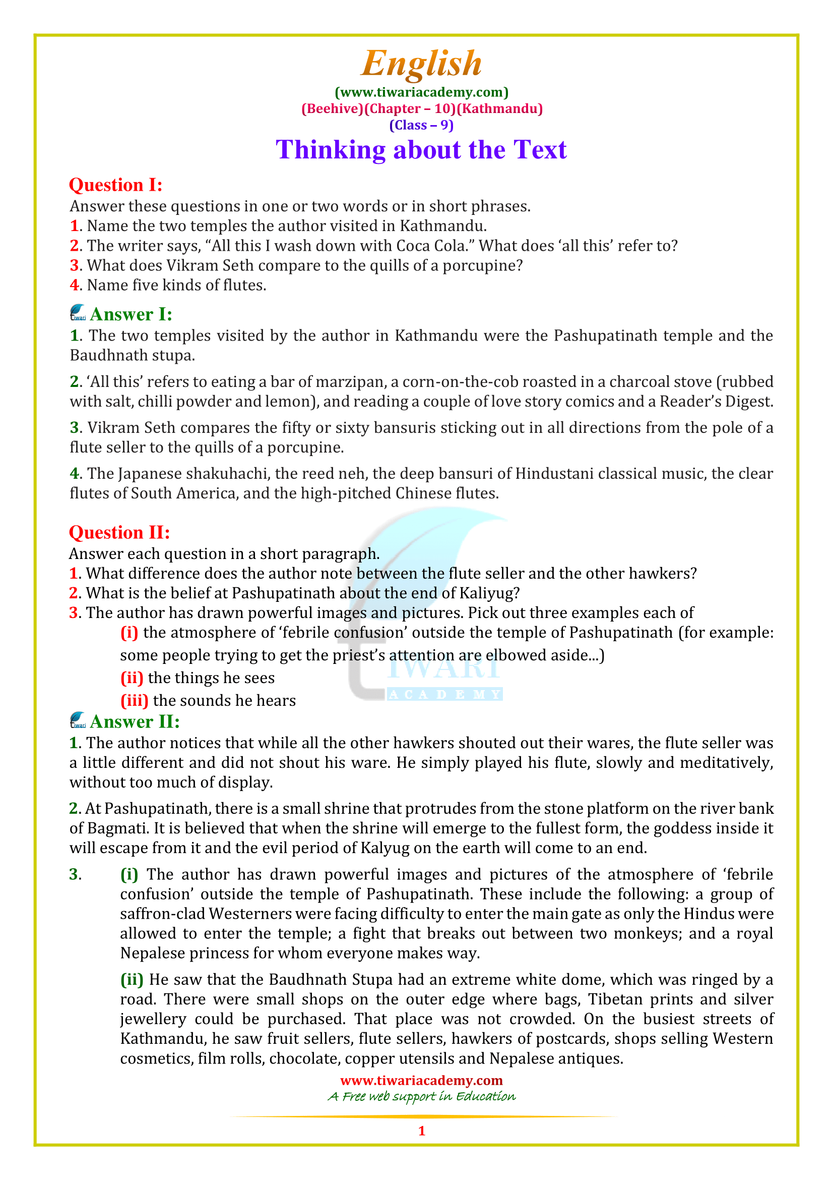 NCERT Solutions for Class 9 English Beehive Chapter 10 Kathmandu