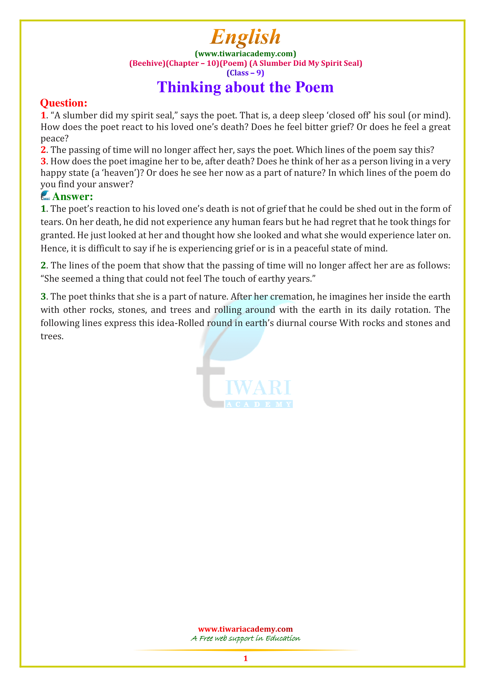 9 English Poem 10: A Slumber did My Spirit Seal