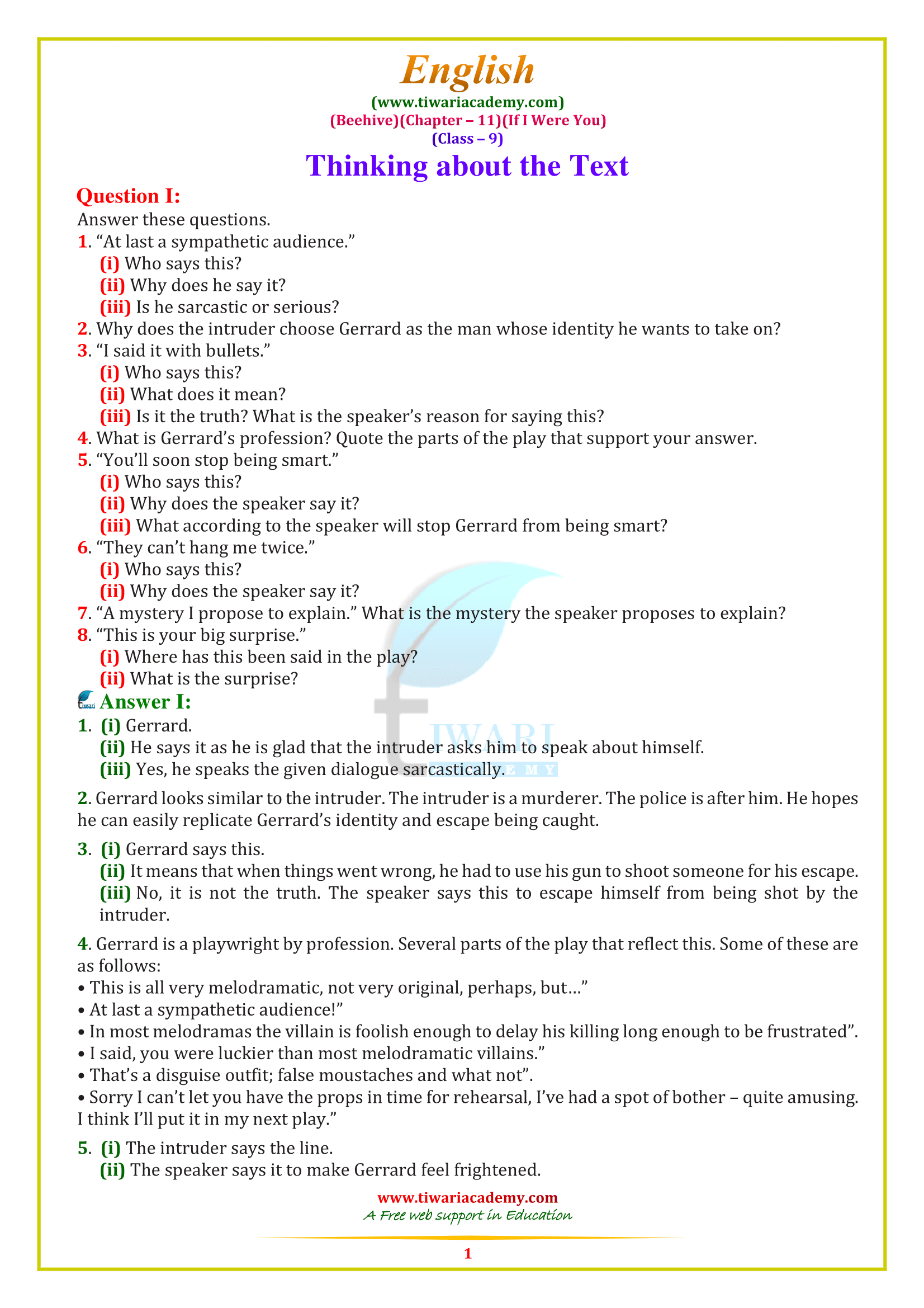 NCERT Solutions for Class 9 English Beehive Chapter 11 If I were You