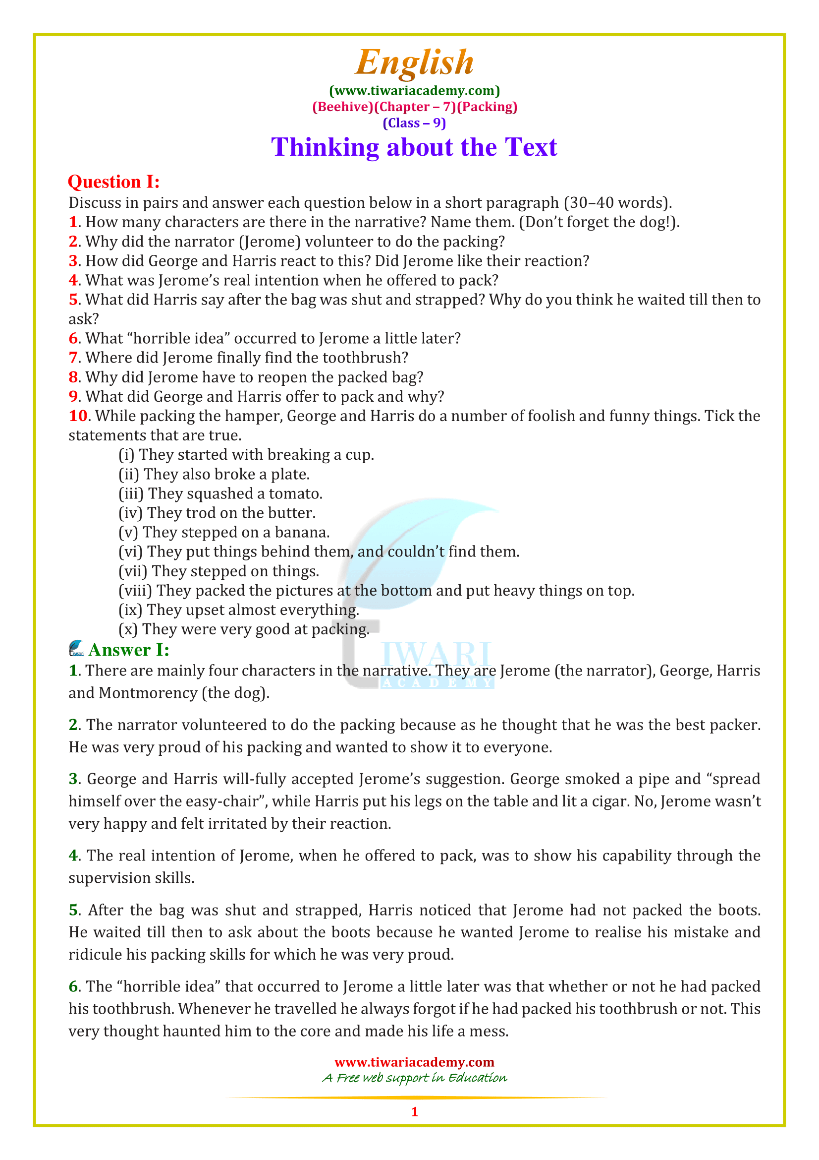 NCERT Solutions for Class 9 English Beehive Chapter 7 Packing