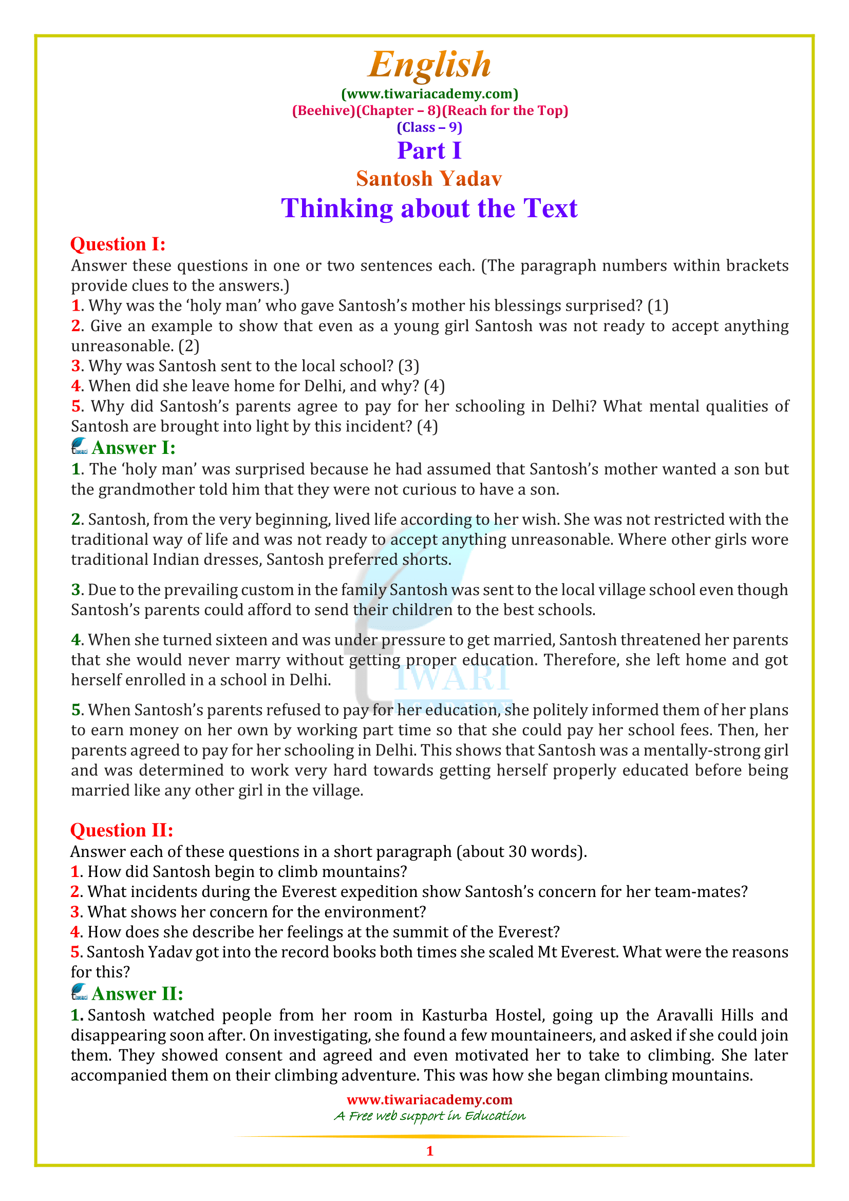 NCERT Solutions for Class 9 English Beehive Chapter 8 Reach for the Top