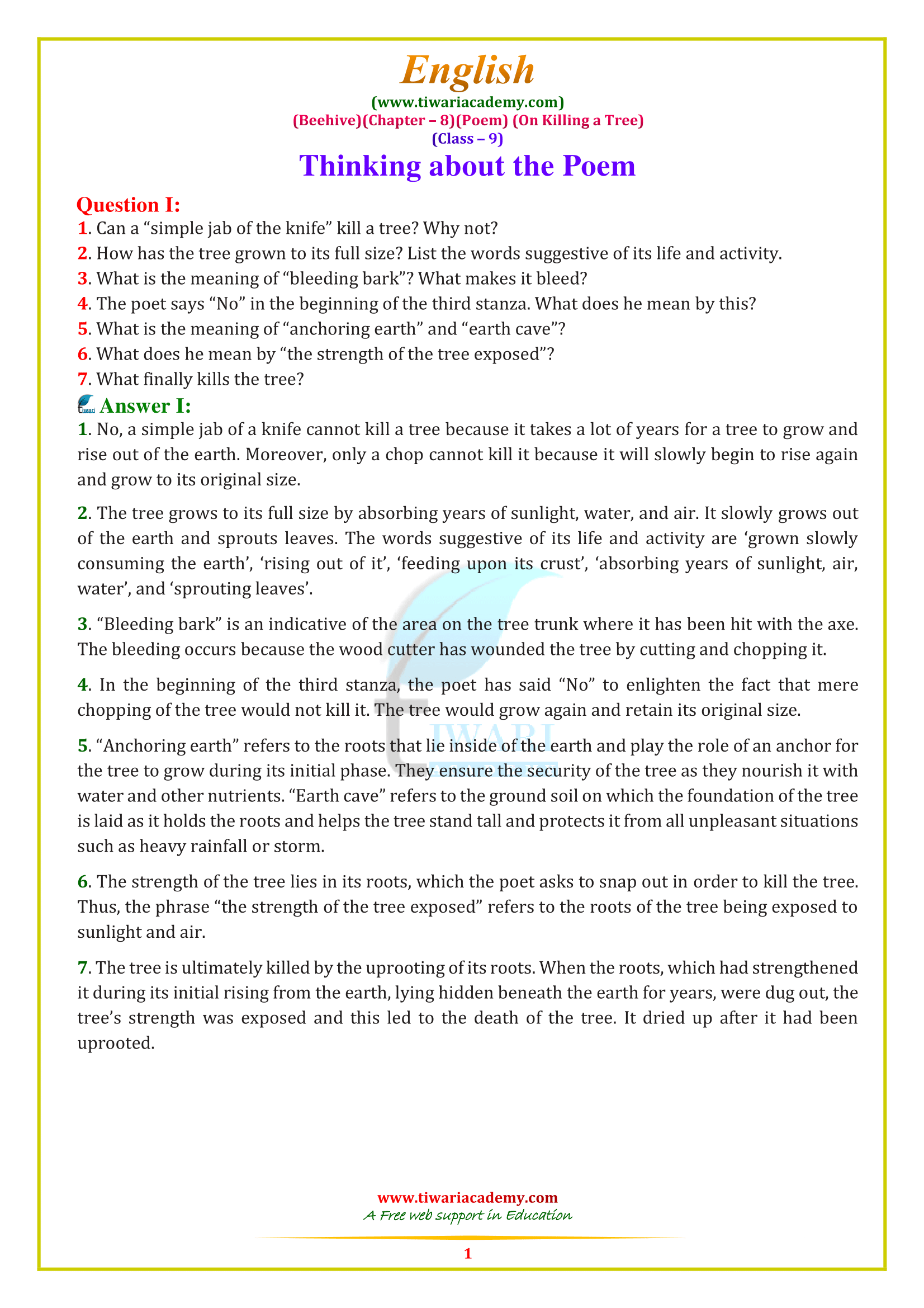 NCERT Solutions for Class 9 English Beehive Poem 8 On killing a tree