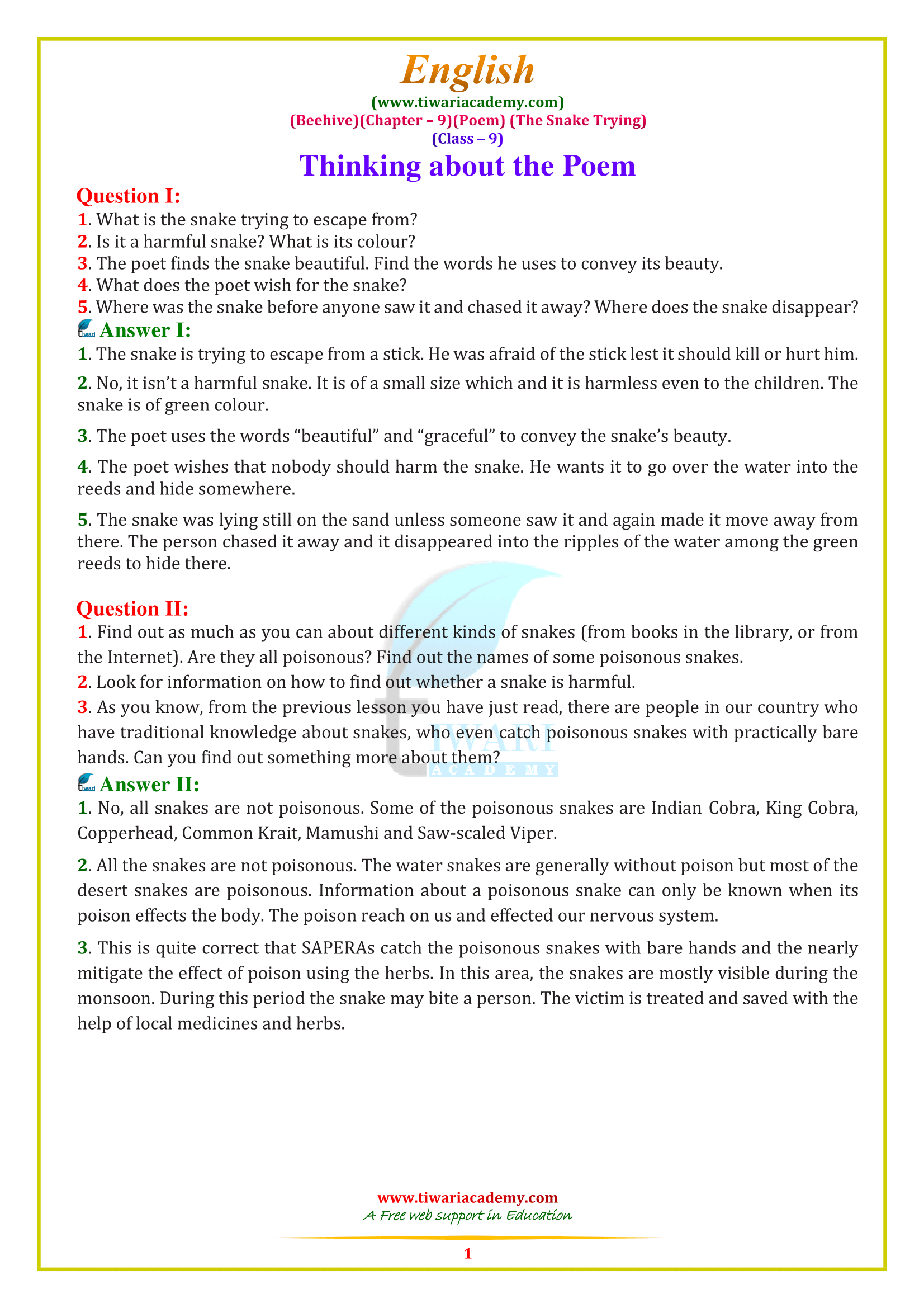 9 English Poem 9: The Snake Trying