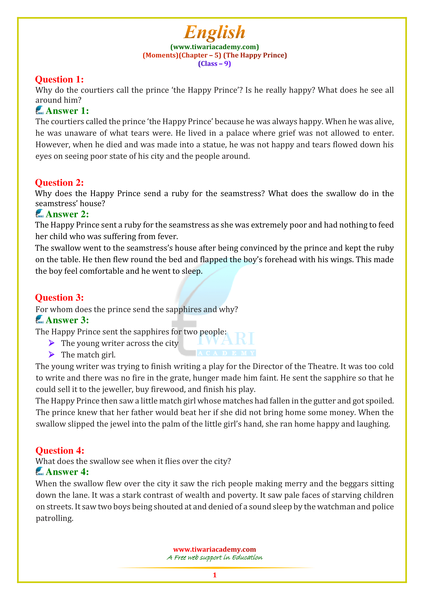 Ncert Solutions For Class 9 English Moments Chapter 5 The Happy Prince 