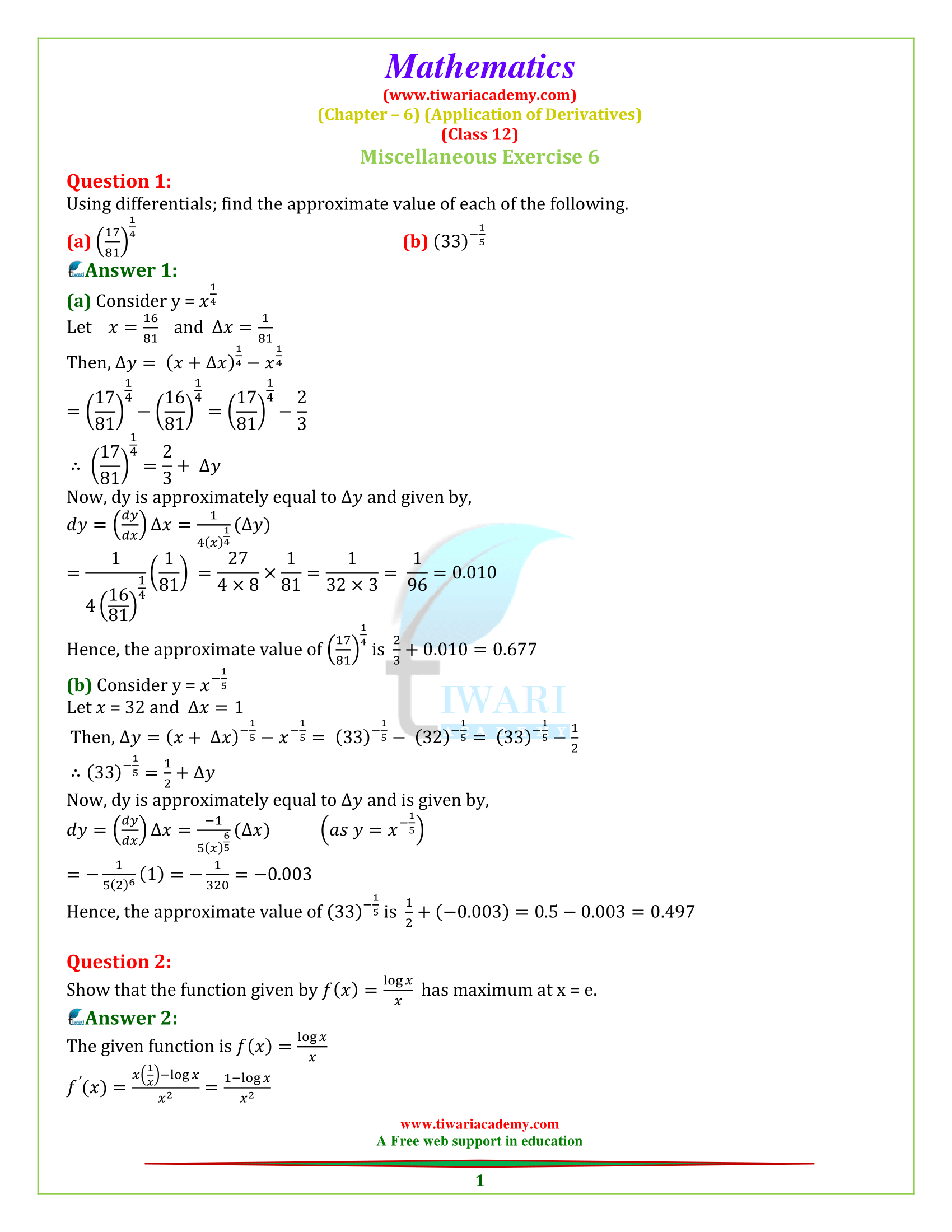 NCERT Solutions for Class 12 Maths Chapter 6 Miscellaneous Exercise 6