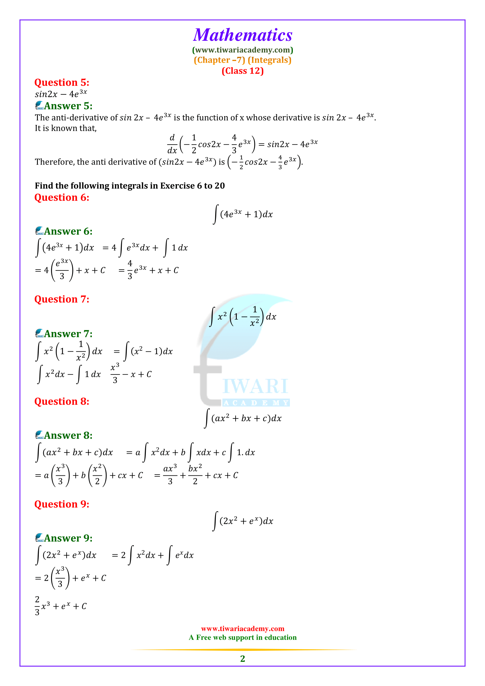 Ncert solutions for class 12 maths chapter 7 exercise 7 1 integrals