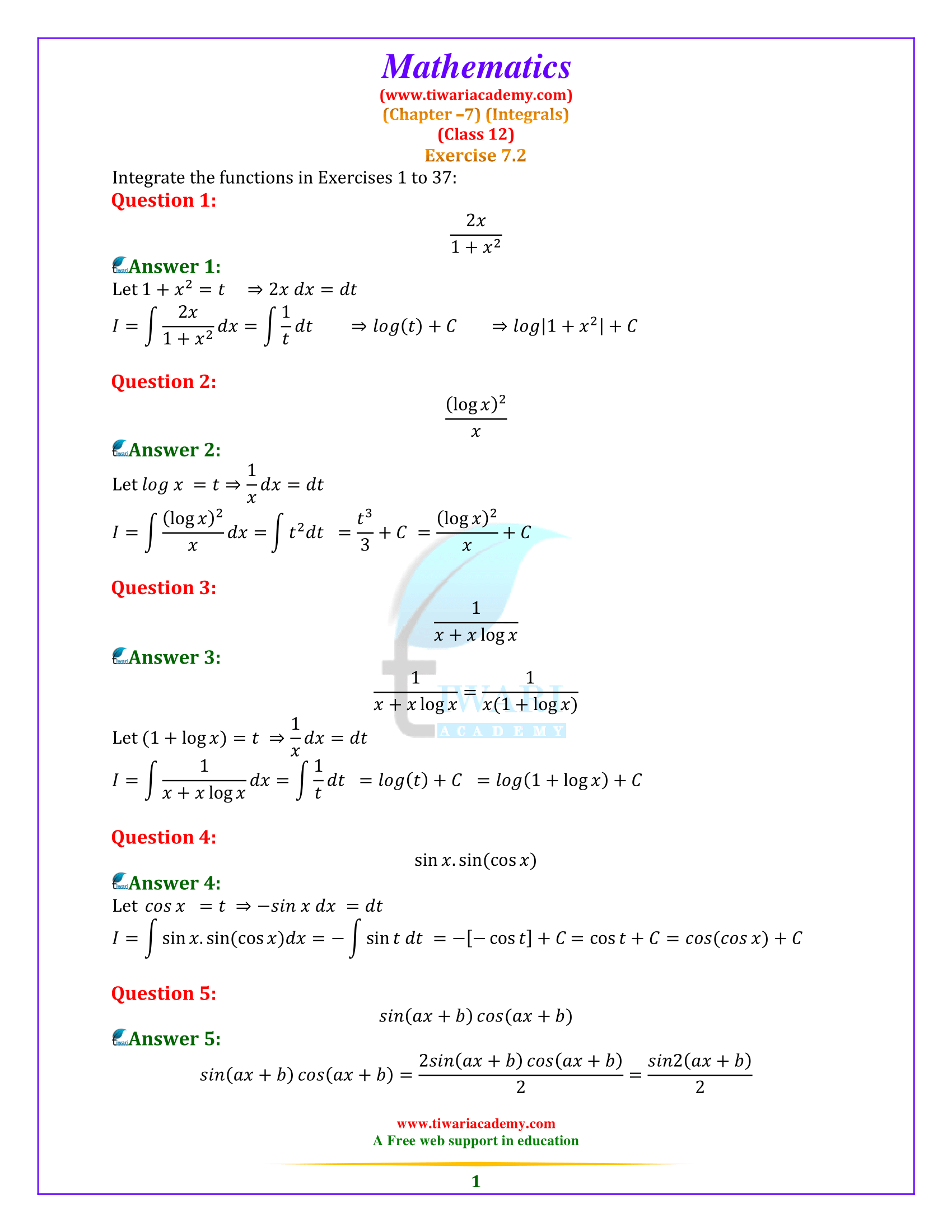 NCERT Solutions for Class 12 Maths Chapter 7 Exercise 7.2