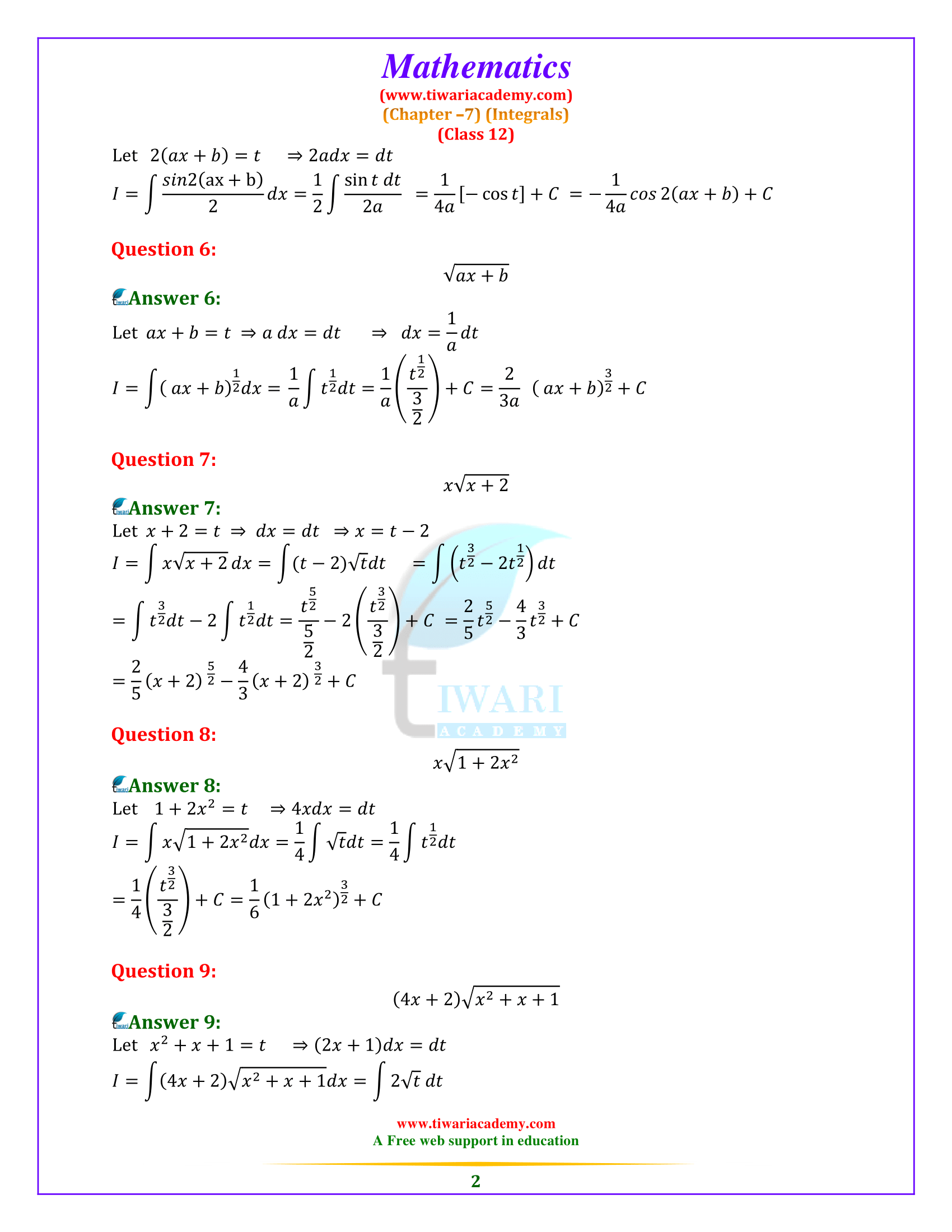NCERT Solutions for Class 12 Maths Chapter 7 Exercise 7.2 in PDF