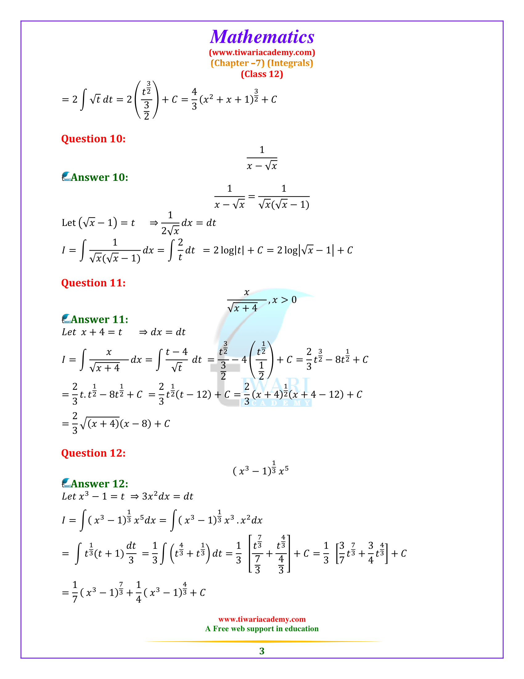 NCERT Solutions for Class 12 Maths Chapter 7 Exercise 7.2 in English Medium
