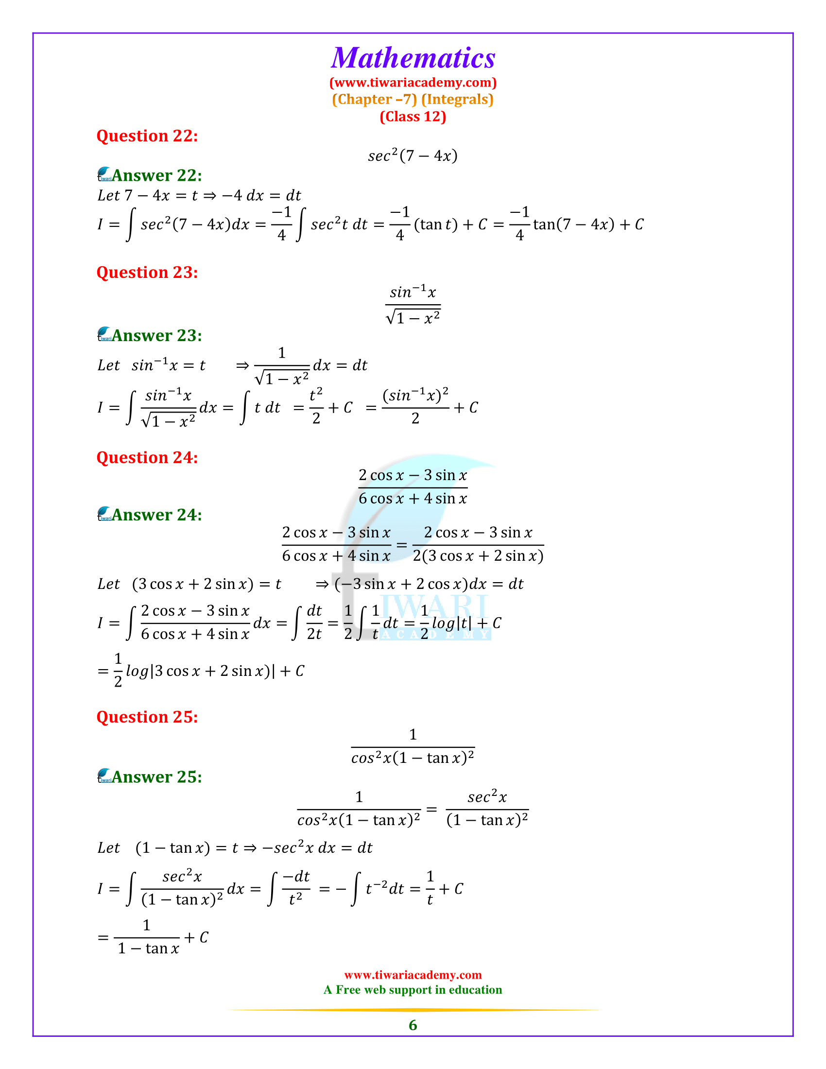12 maths Exercise 7.2 integration