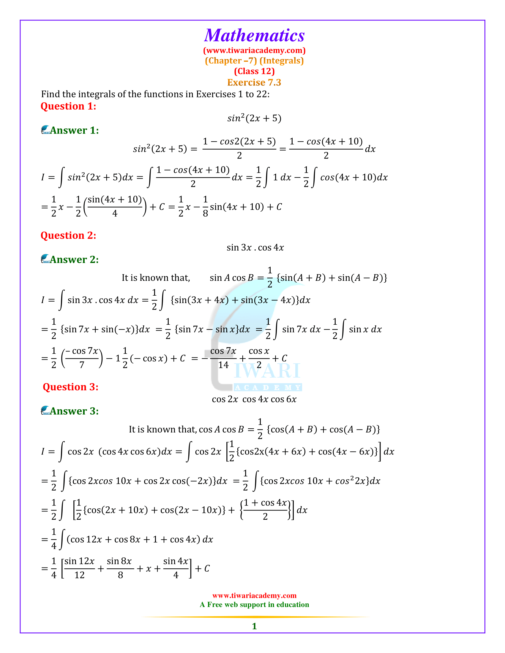 NCERT Solutions for Class 12 Maths Chapter 7 Exercise 7.3
