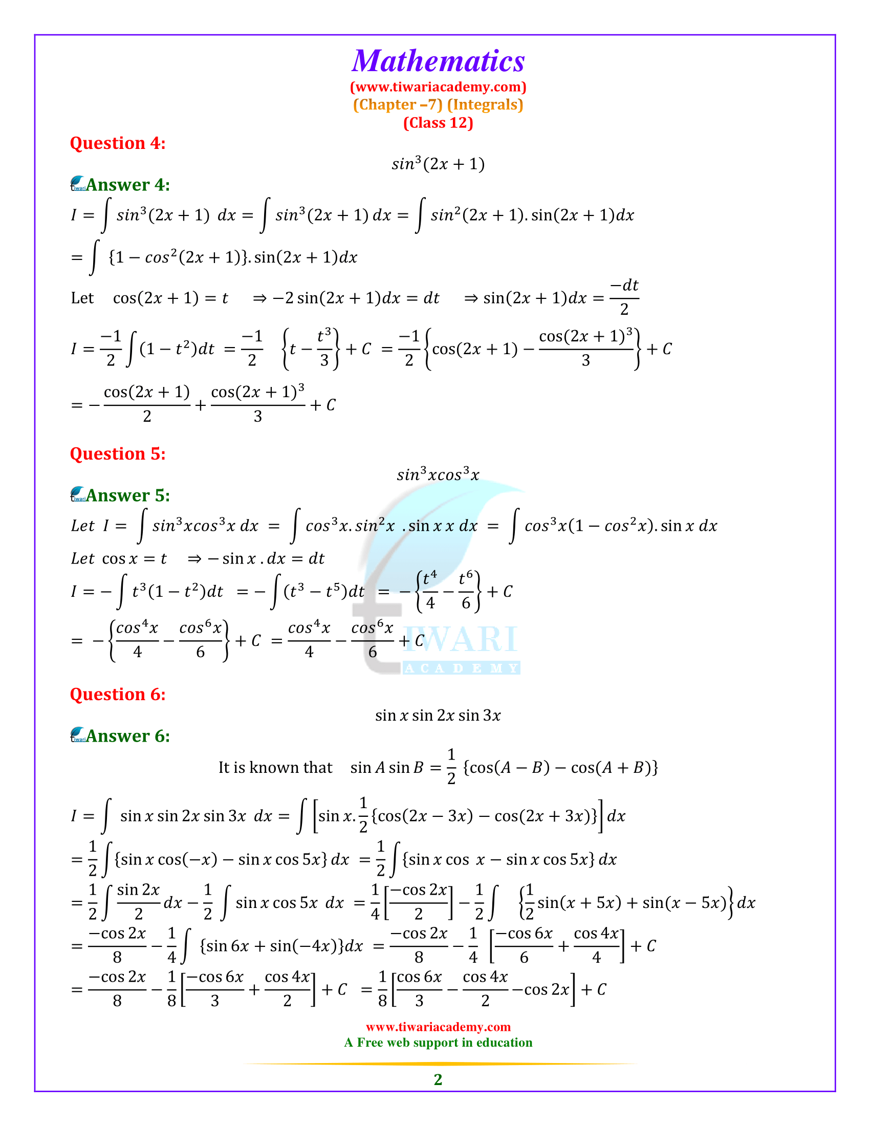 NCERT Solutions for Class 12 Maths Chapter 7 Exercise 7.3 in PDF