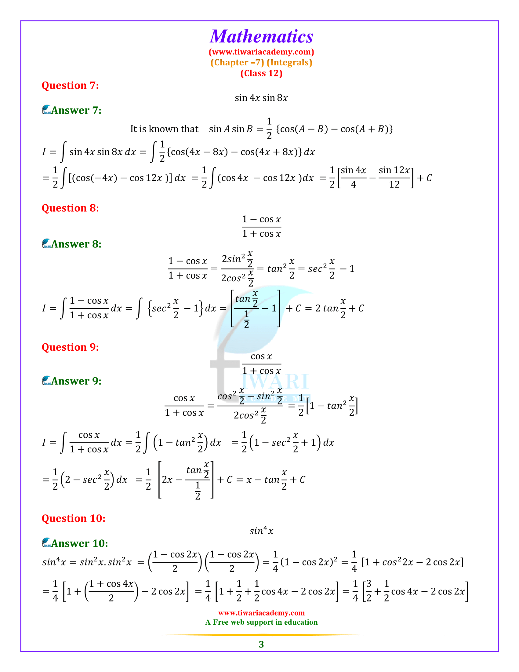NCERT Solutions for Class 12 Maths Chapter 7 Exercise 7.3 mcq questions