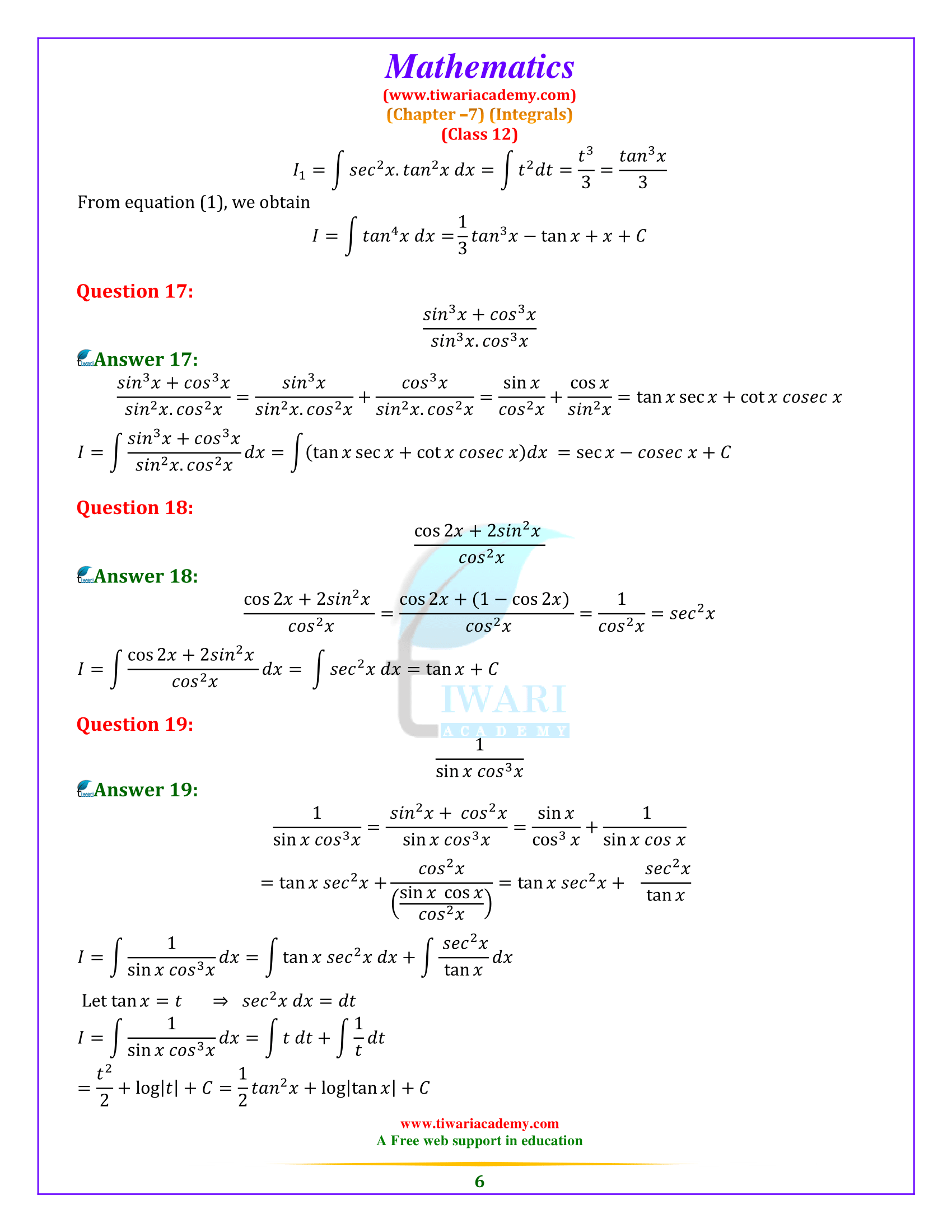 NCERT Solutions for Class 12 Maths Chapter 7 Exercise 7.3 for up board