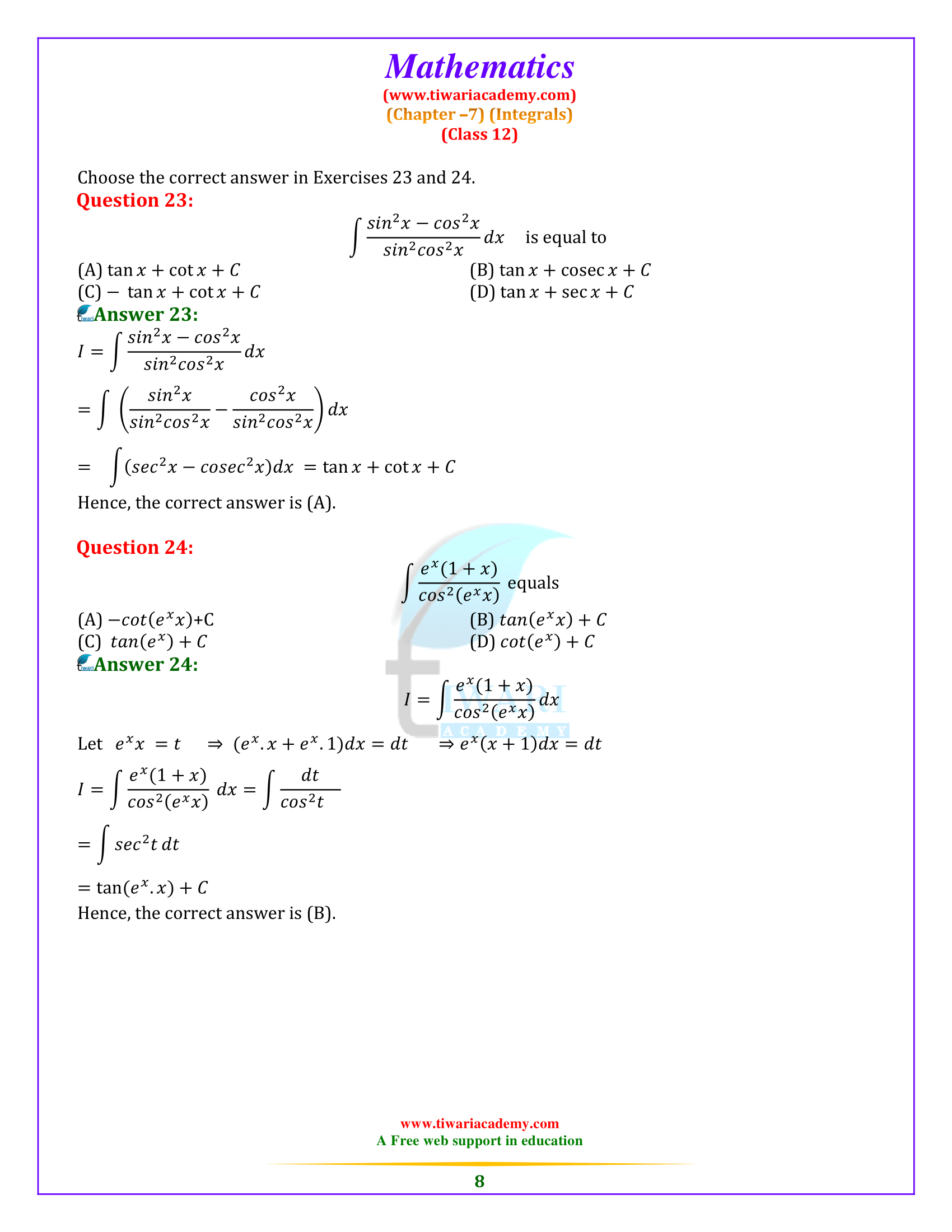 NCERT Solutions for Class 12 Maths Chapter 7 Exercise 7.3 for 2019-2020