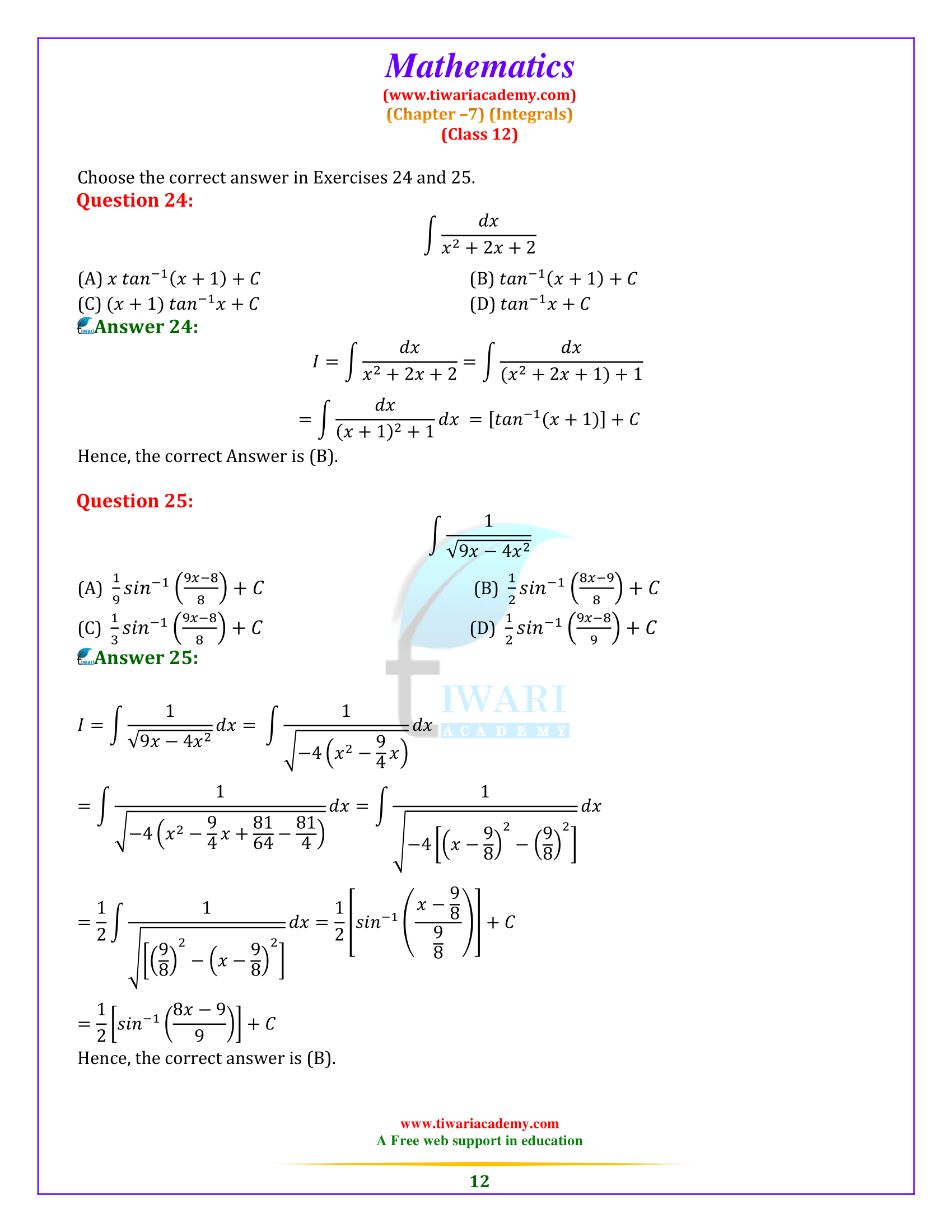 Ncert solutions for class 12 maths chapter 7 exercise 7 4 integrals