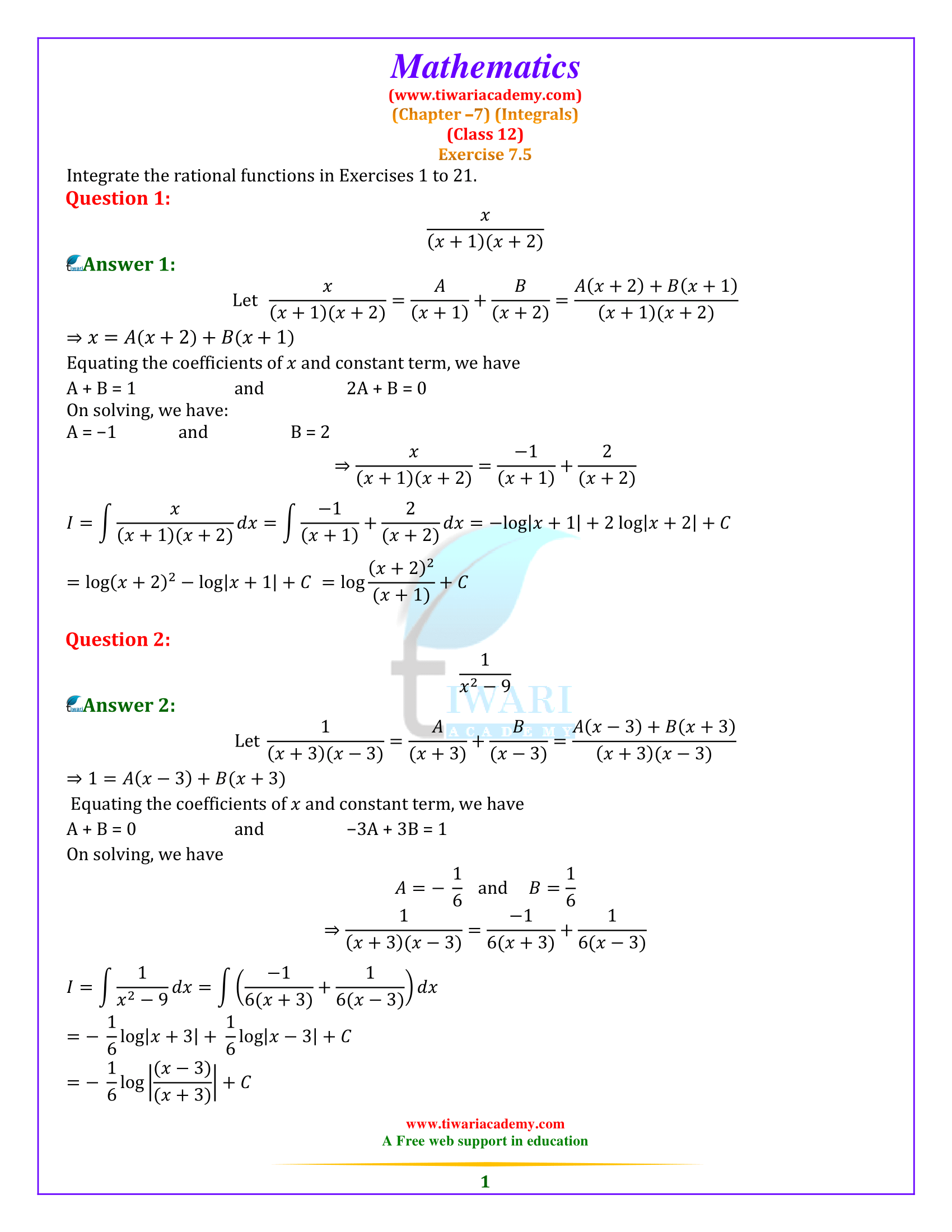NCERT Solutions for Class 12 Maths Chapter 7 Exercise 7.5