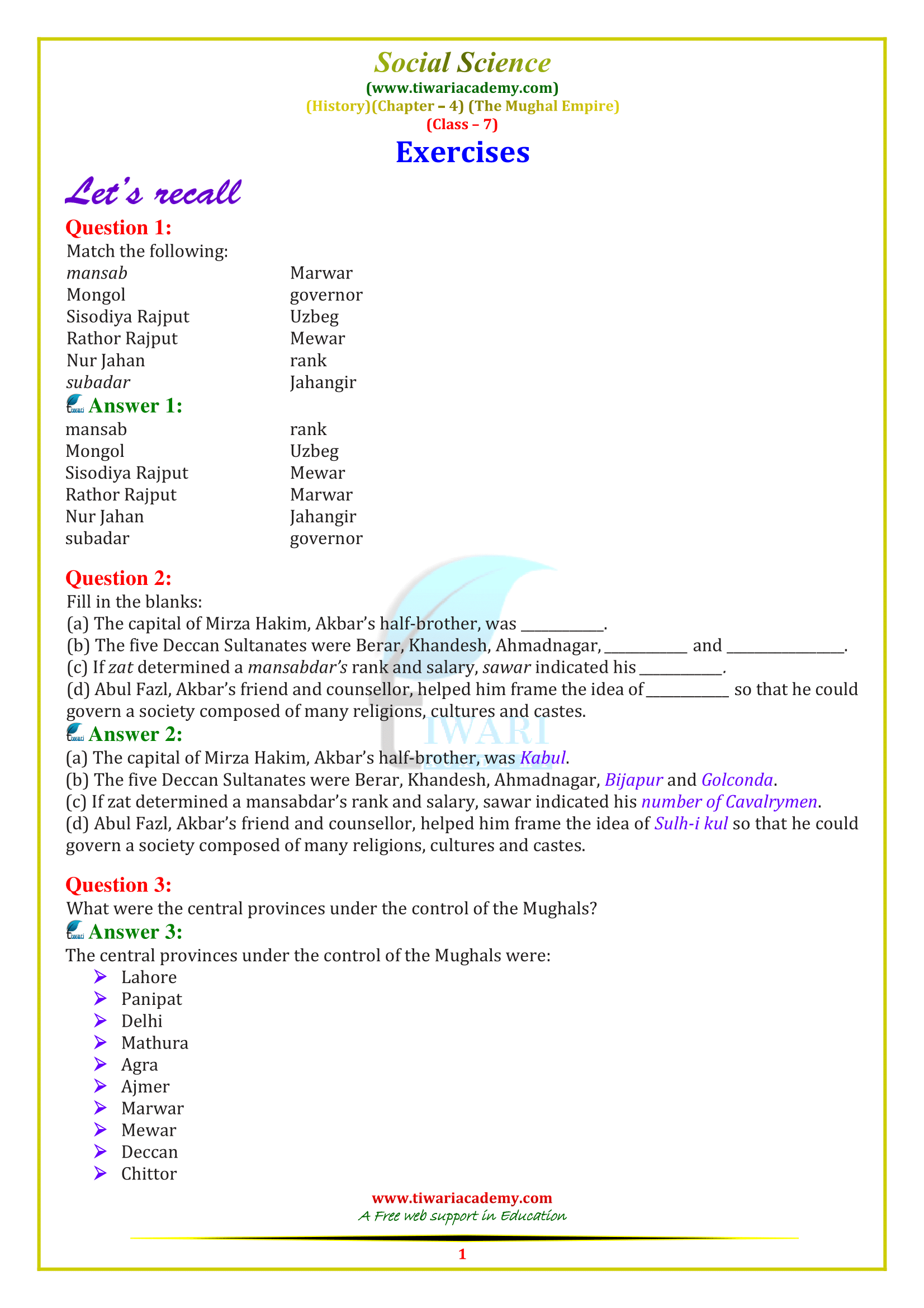 NCERT Solutions for Class 7 Social Science History Chapter 4 The Mughal Empire
