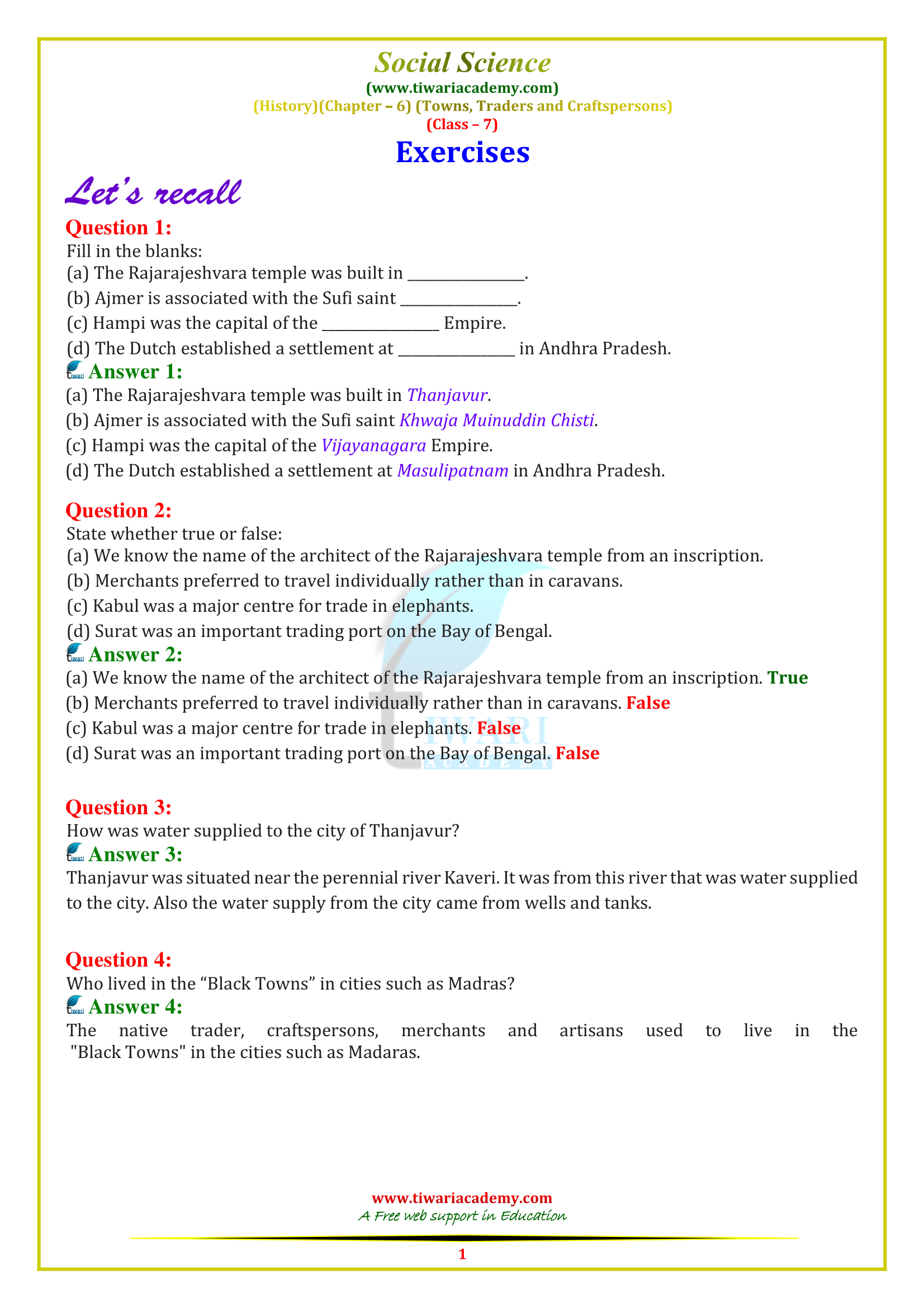 NCERT Solutions for Class 7 Social Science History Chapter 6 Towns, Traders and Craftspersons