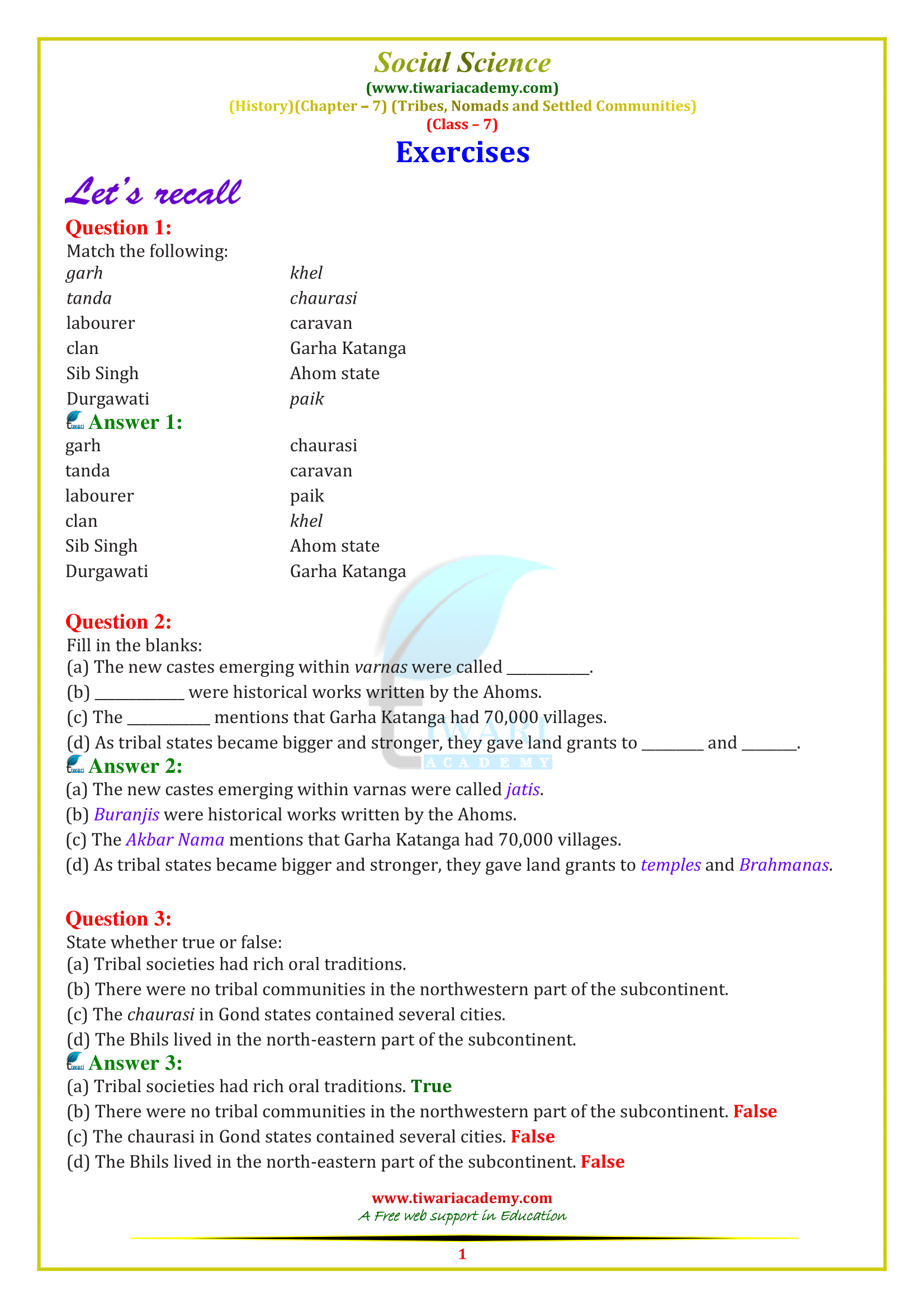 NCERT Solutions for Class 7 Social Science History Chapter 7 Tribes, Nomads and Settled Communities