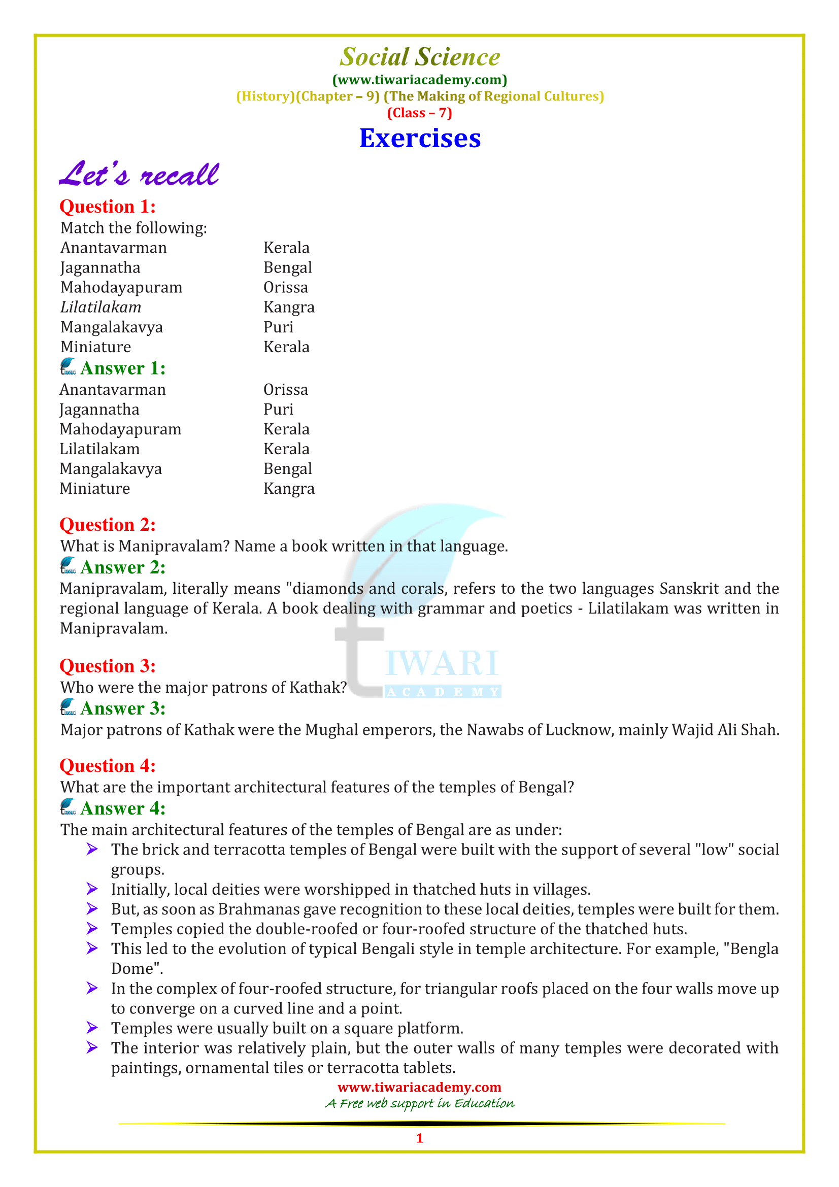 NCERT Solutions for Class 7 Social Science History Chapter 9 The Making of Regional Cultures