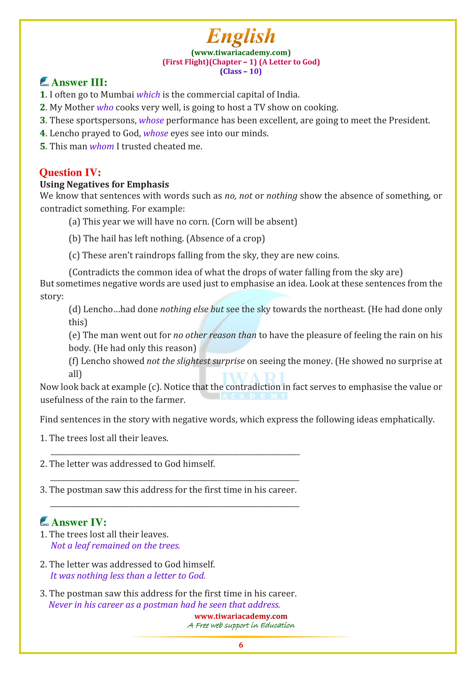 Questions answers of class 10 English ch. 1