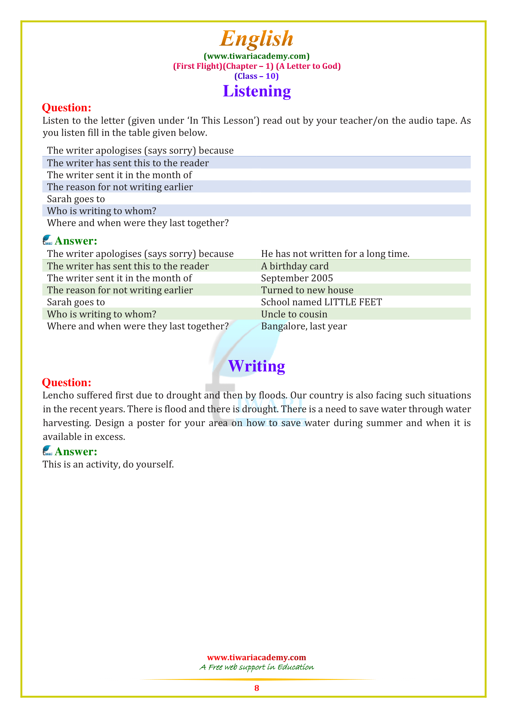 10 English First Flight Chapter 1: A Letter to God all answers