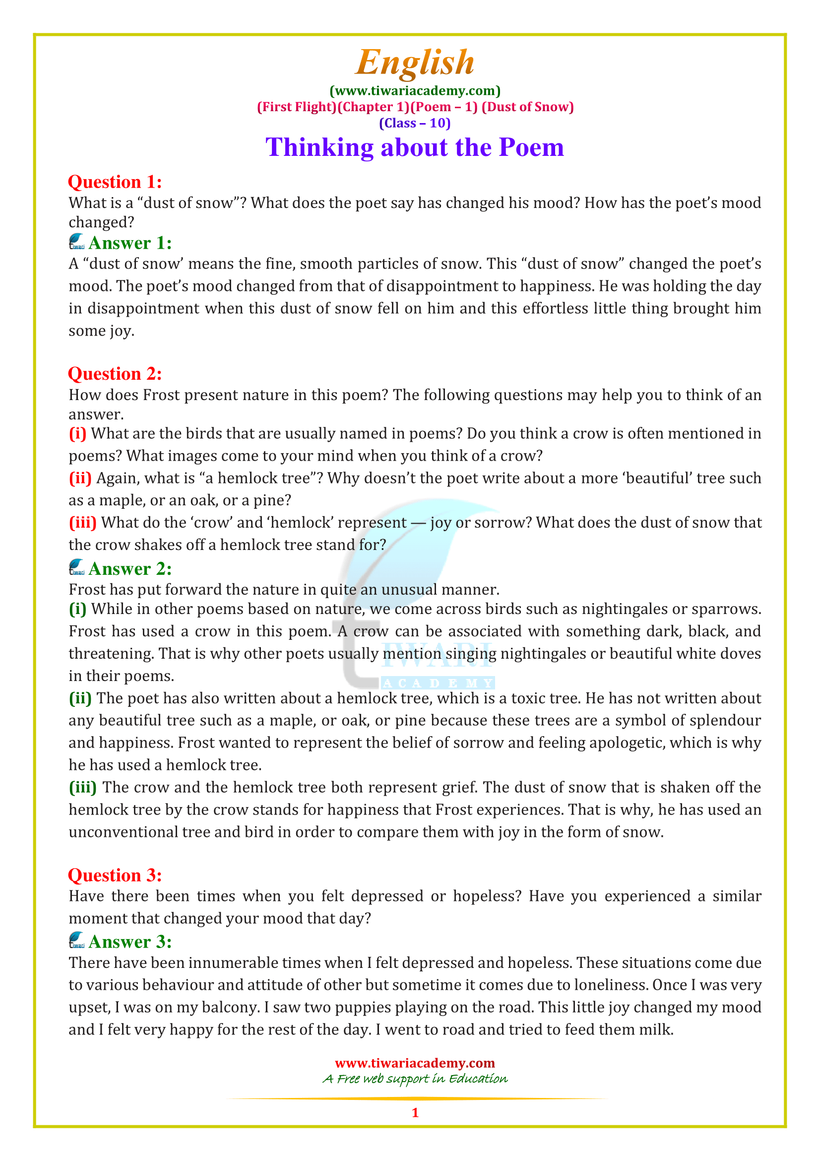 NCERT Solutions for class 10 English poem 1. Dust of Snow