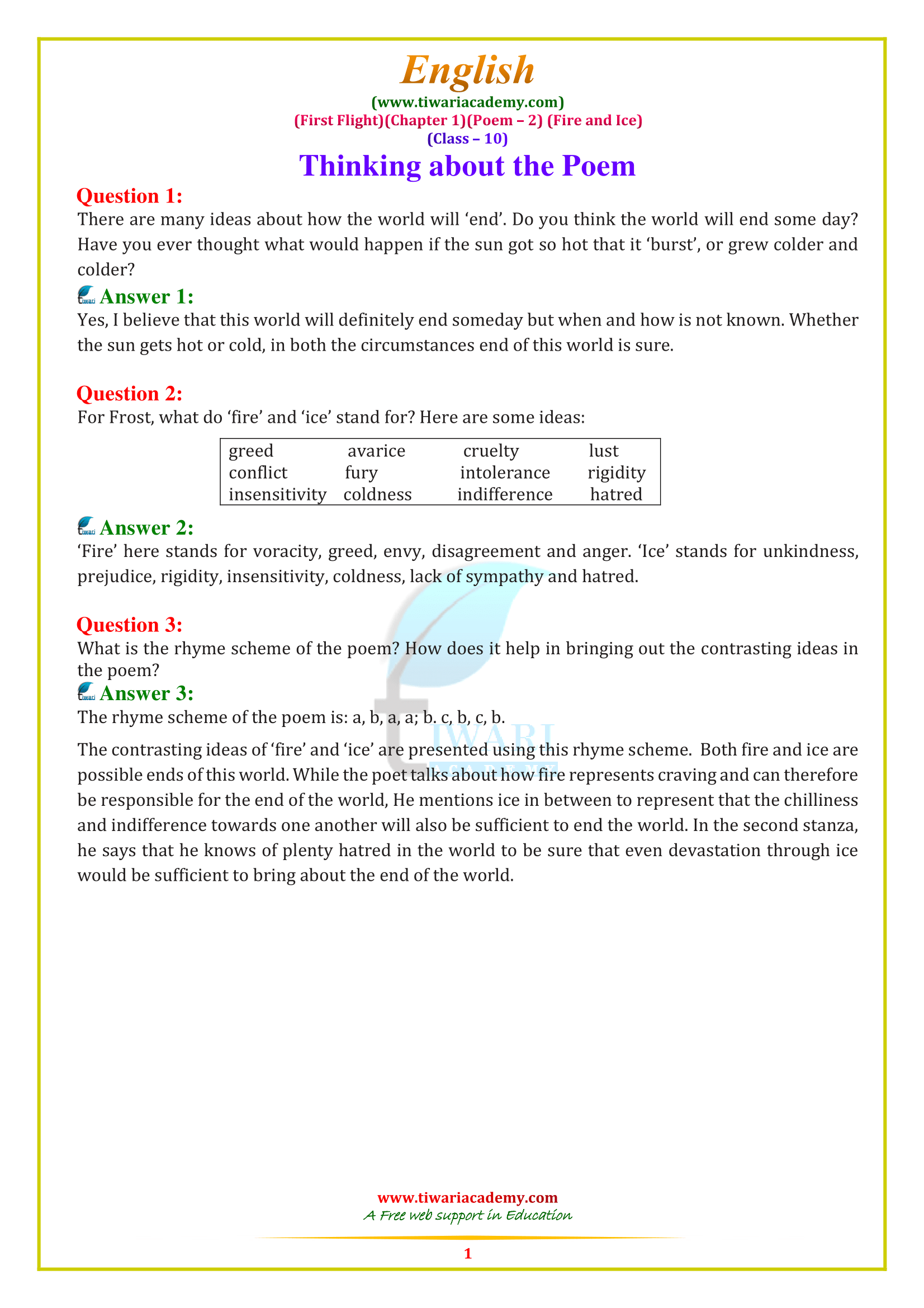 NCERT Solutions for class 10 English poem 2. Fire and Ice
