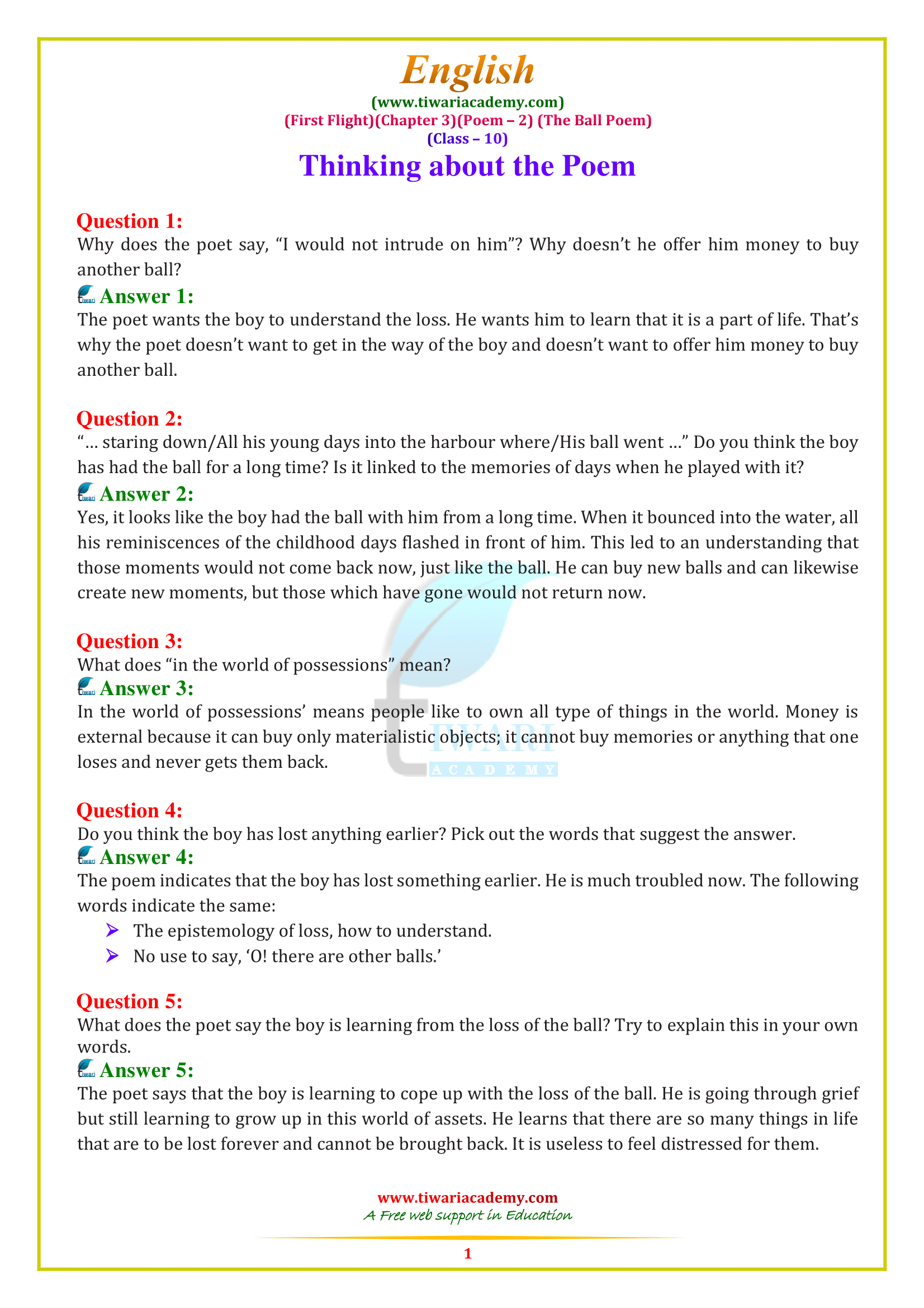 NCERT Solutions for class 10 English Chapter 3 poem 2 The Ball Poem