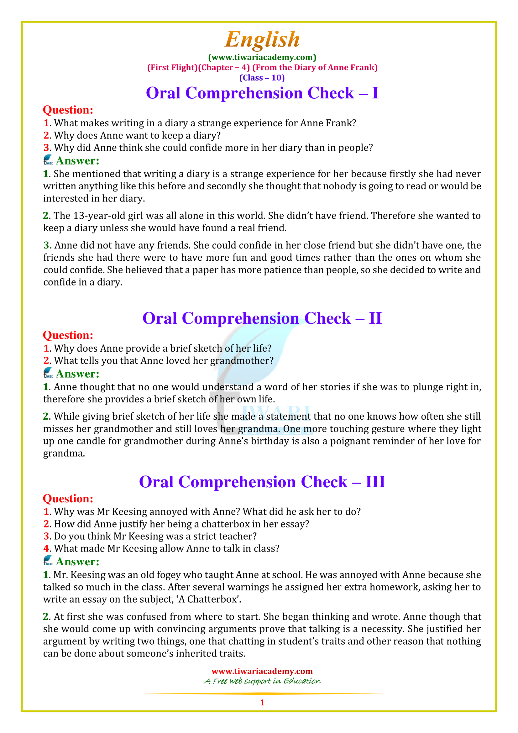 NCERT Solutions for Class 10 English First Flight Chapter 4: From the Diary of Anne Frank