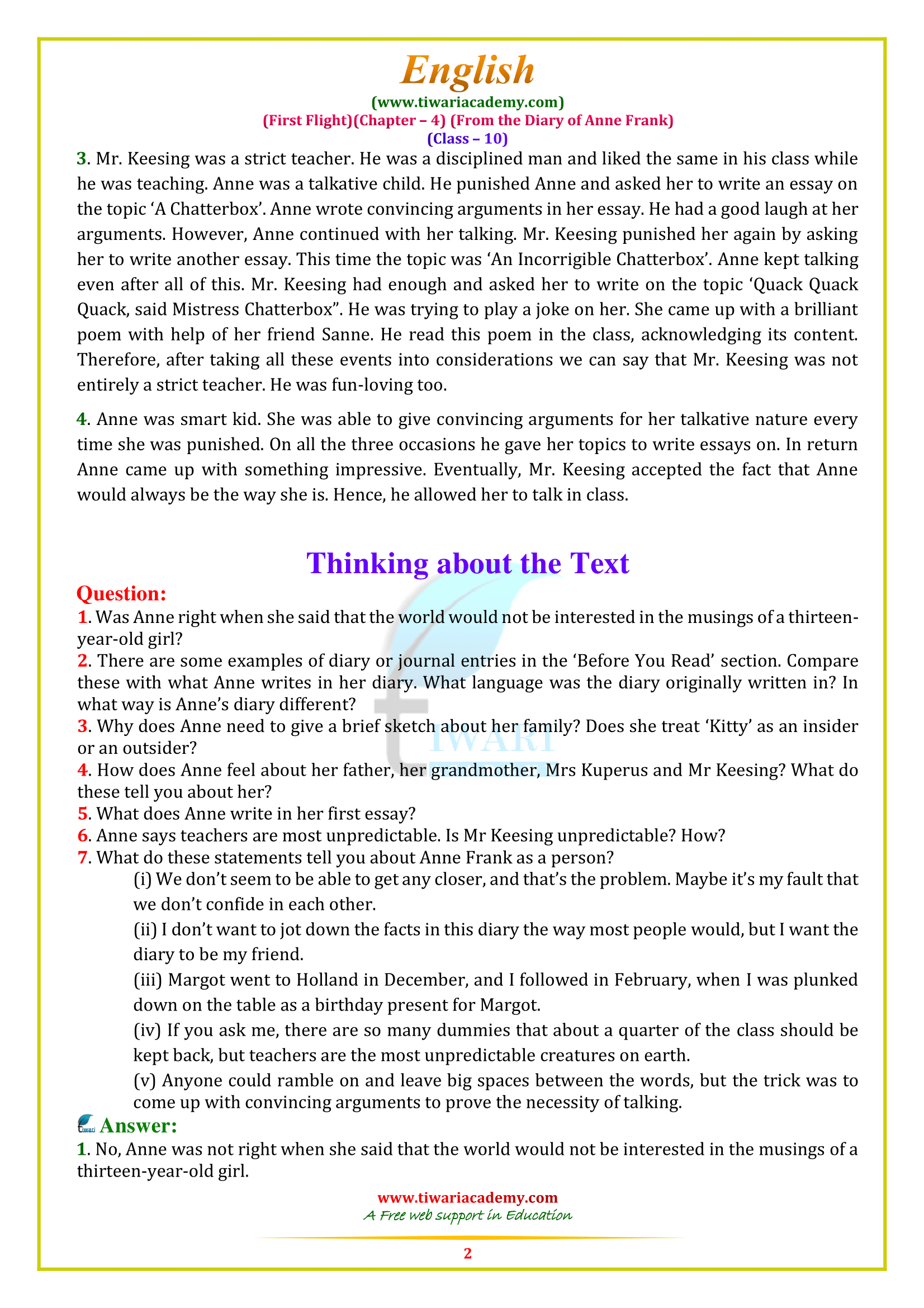 NCERT Solutions for Class 10 English First Flight Chapter 4