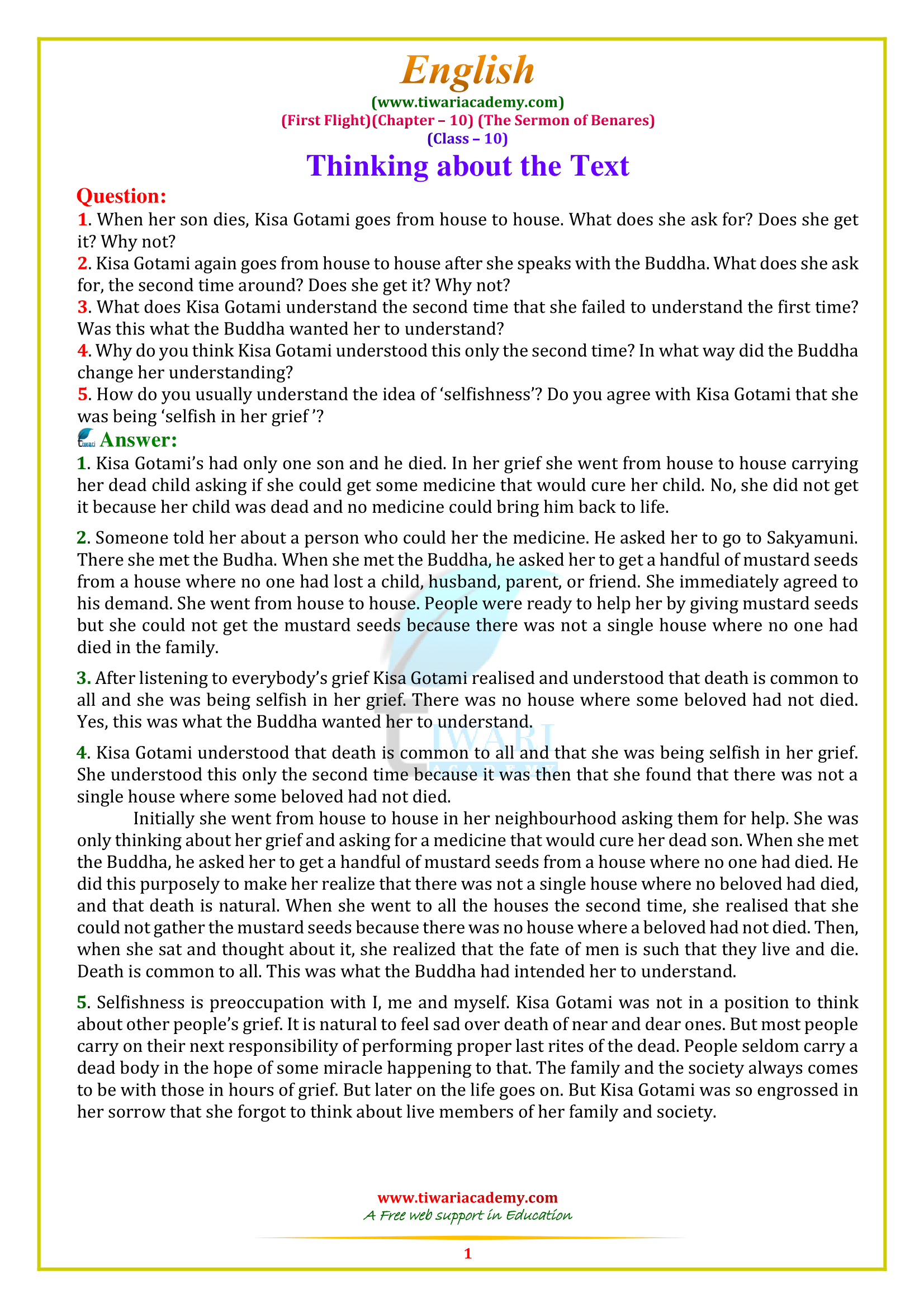 NCERT Solutions for Class 10 English First Flight Chapter 10: The Sermon of Benares