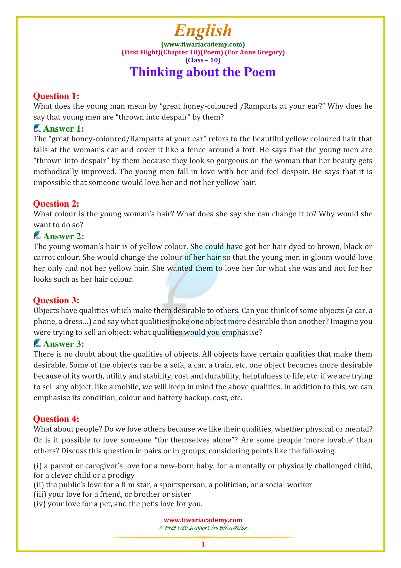 NCERT Solutions for class 10 English Chapter 10 poem For Anne Gregory
